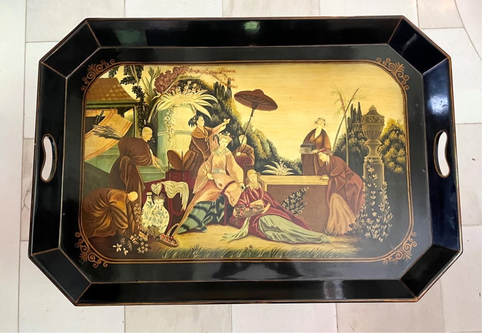REGENCY STYLE LOW TABLE WITH PAINTED CHINOISERIE TRAY TOP By Maitland Smith Co. - H: 18 IN; W: 32 IN (1 of 5)