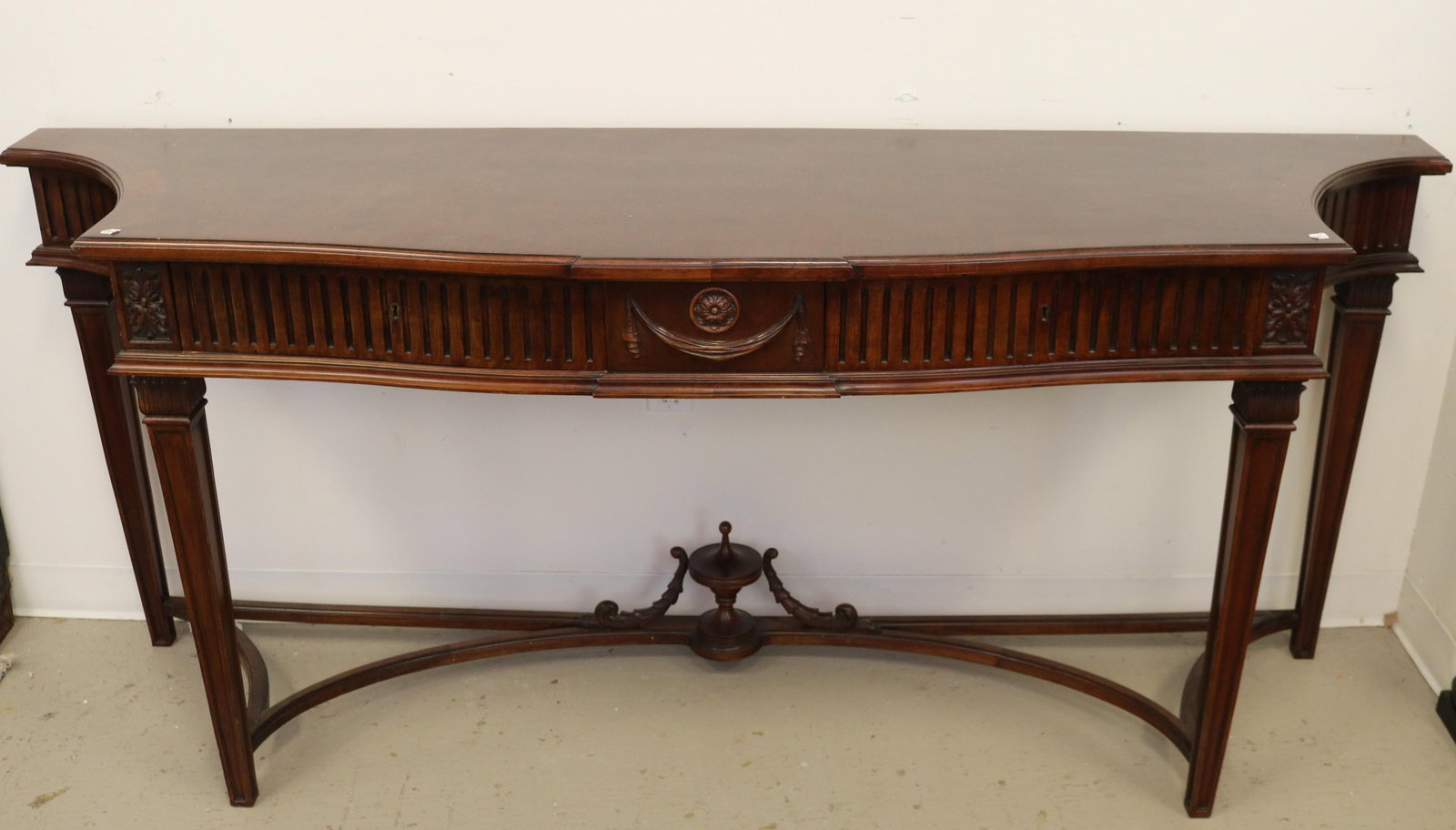 GEORGE III BANDED MAHOGANY SHAPED-FRONT PIER TABLE - H: 33 1/2 IN; W: 78 IN; D: 21 IN. (1 of 13)