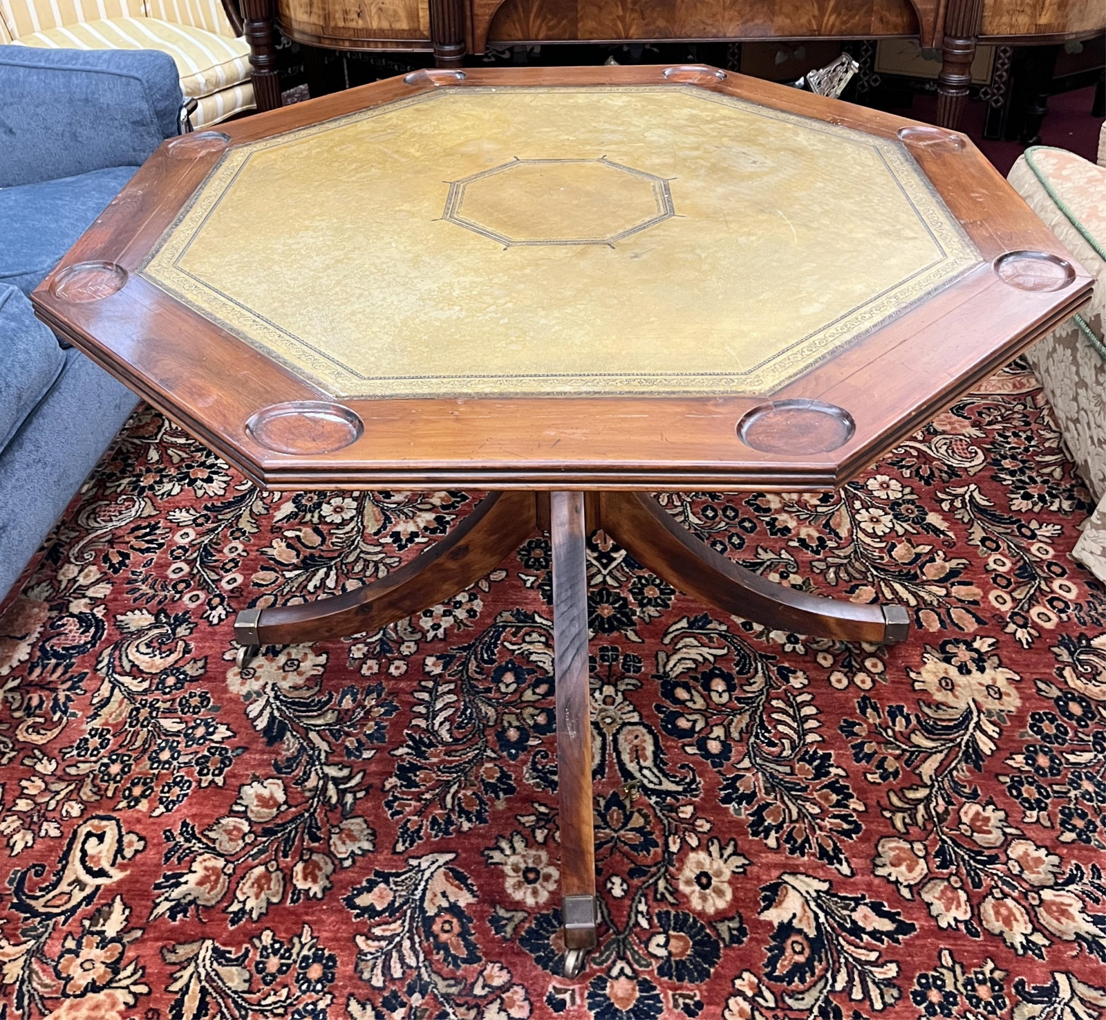 GEORGE III SHERATON STYLE OCTAGONAL-TOP, PEDESTAL-BASE LEATHER TOP GAMES TABLE WITH TOOLED LEATHER (1 of 6)