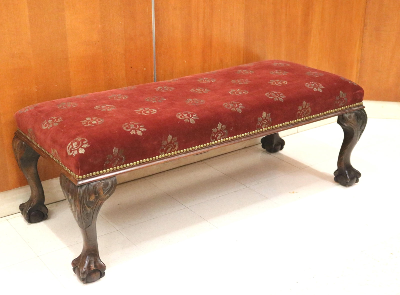 CHIPPENDALE STYLE RECTANGULAR-TOP UPHOLSTERED BENCH - H: 17 1/2 IN; W: 48 IN; D: 19 IN. (1 of 15)