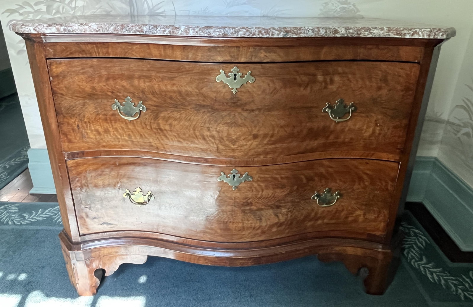 GEORGE III STYLE MAHOGANY SERPENTINE-FRONT MARBLE-TOP TWO-DRAWER CHEST - H: 33 IN; W: 43 IN; D: 20 (1 of 5)