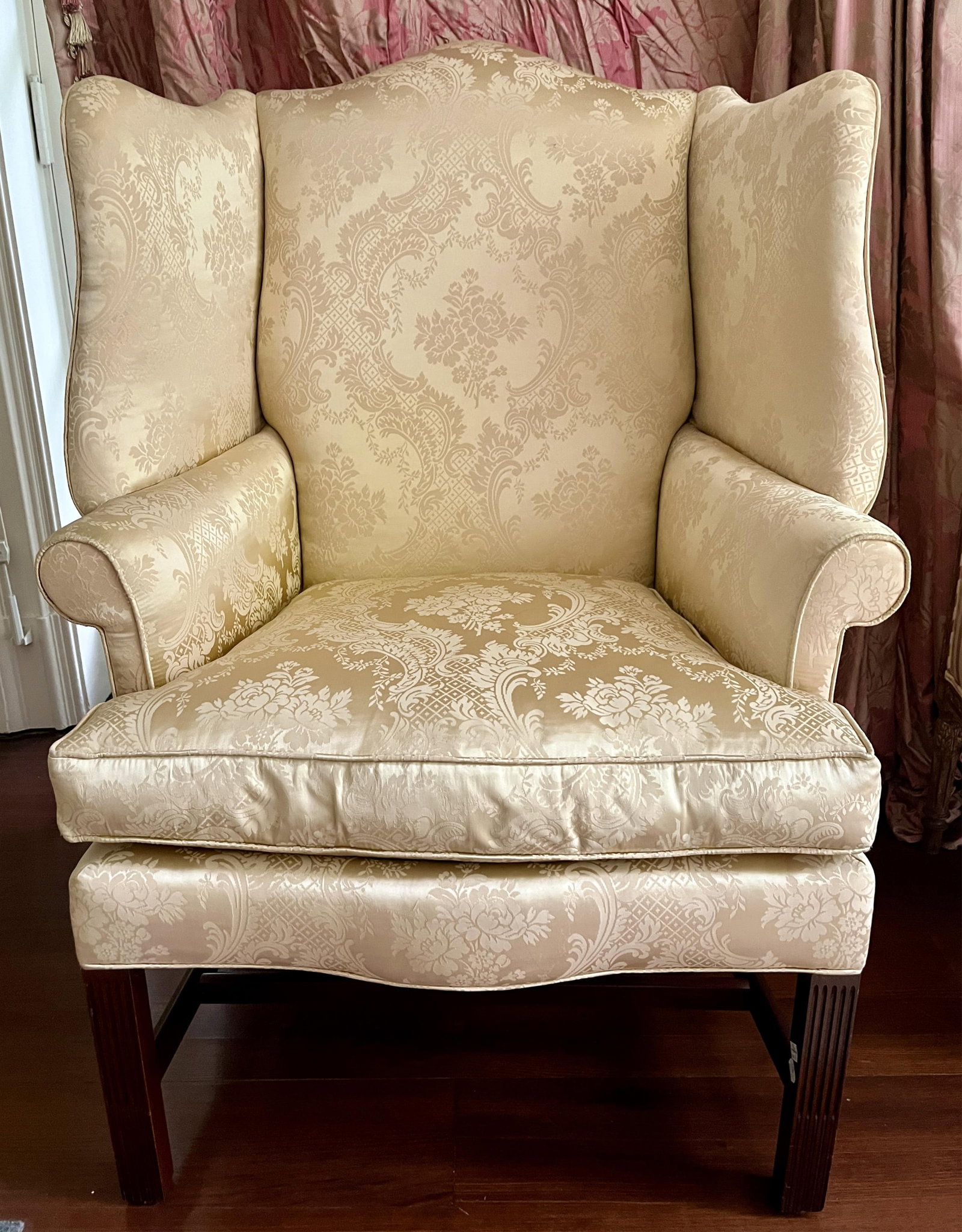 CHIPPENDALE-STYLE LIGHT GOLD DAMASK UPHOLSTERED WING CHAIR - H: 45 IN; W: 32 IN. (1 of 4)