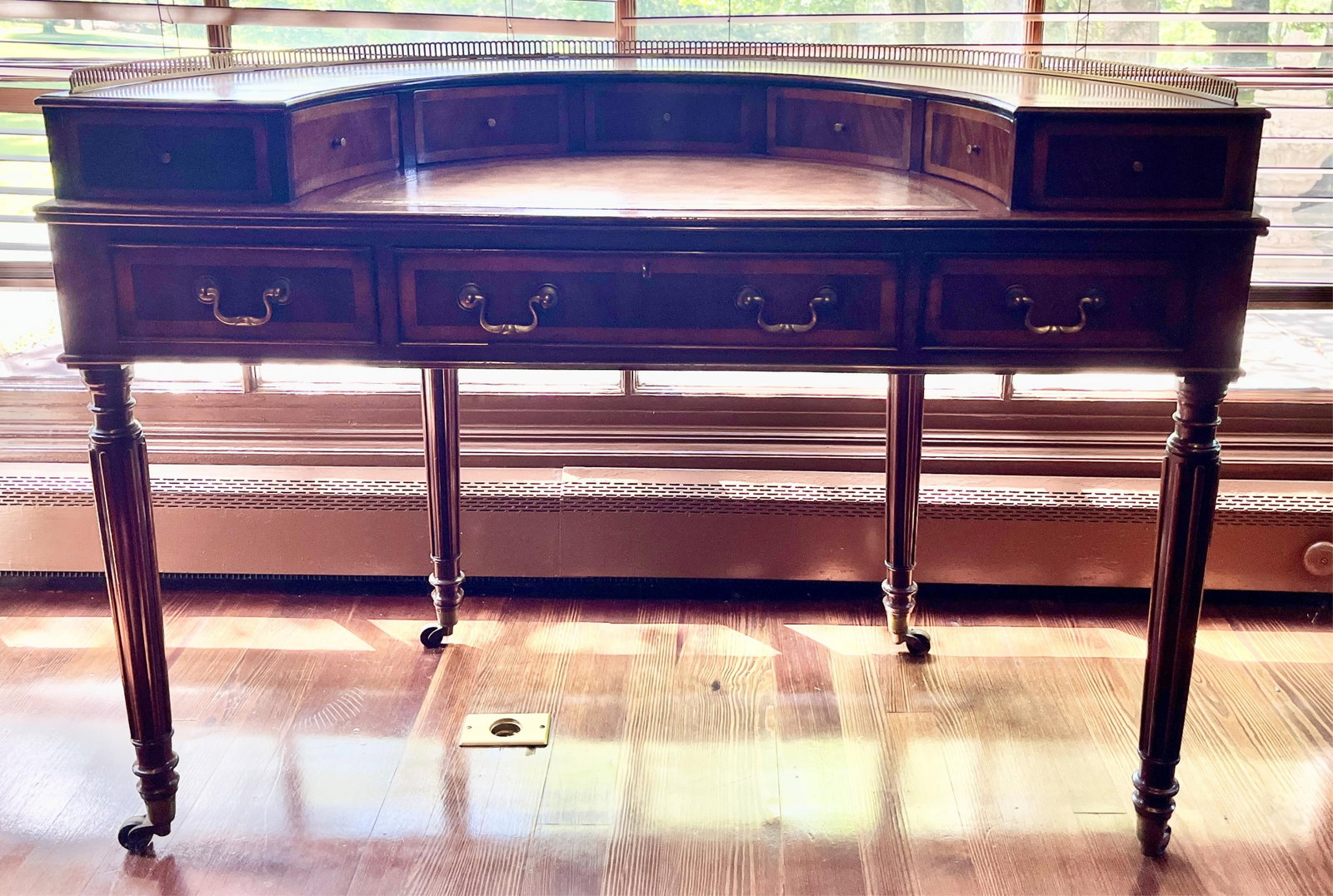 GEORGE IV STYLE INLAID MAHOGANY DEMILUNE CARLTON HOUSE DESK - H: 35 IN; D: 25 IN; W: 47 IN. (1 of 5)
