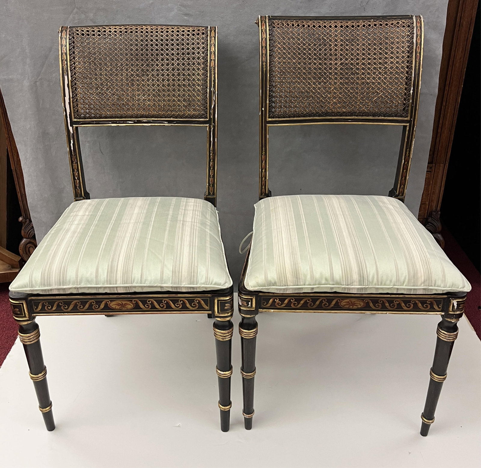 FOUR REGENCY ROSEWOOD GRAIN-PAINTED SIDECHAIRS WITH CANE PANELS - H: 34 1/2 in.; W: 18 in.; D: 16 (1 of 7)
