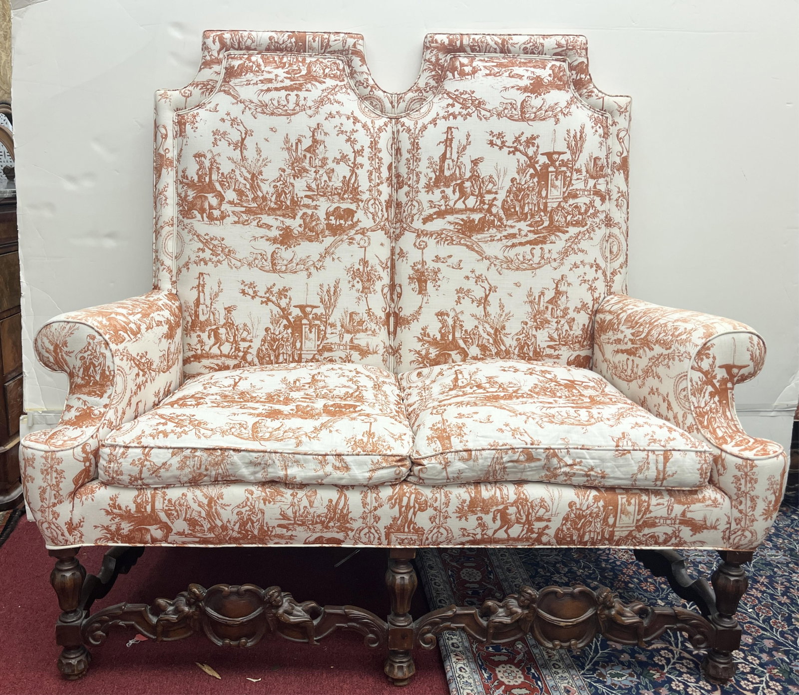 PAIR WILLIAM & MARY STYLE CARVED MAHOGANY UPHOLSTERED SETTEES - H: 51 IN; W: 55 IN; D: 27 IN. (1 of 12)