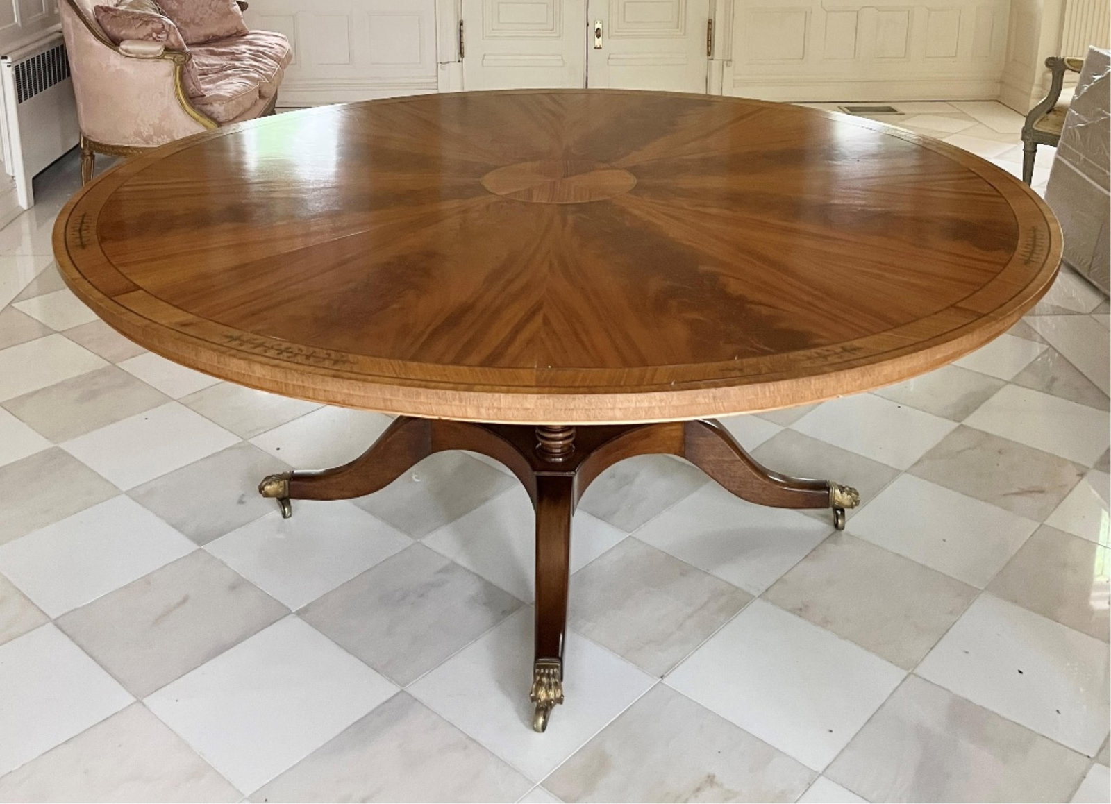 REGENCY STYLE BRASS INLAID MAHOGANY CIRCULAR-TOP, PEDESTAL-BASE DINING TABLE - H: 29 IN; D: 72 IN. (1 of 6)