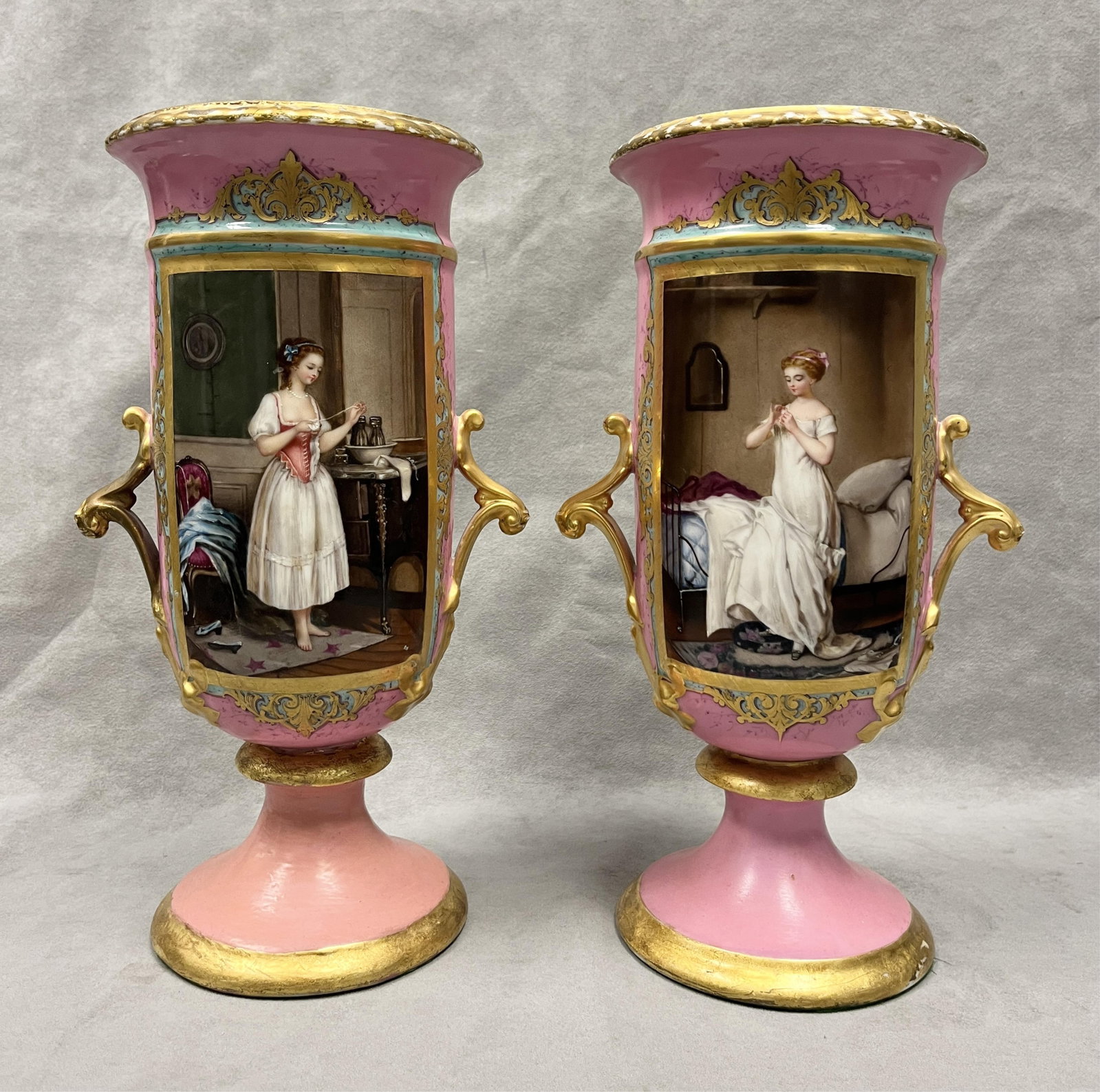 PAIR STRAWBERRY PINK PORCELAIN FOOTED, TWO HANDLE VASES 19th century - H: 12 inches. (1 of 8)