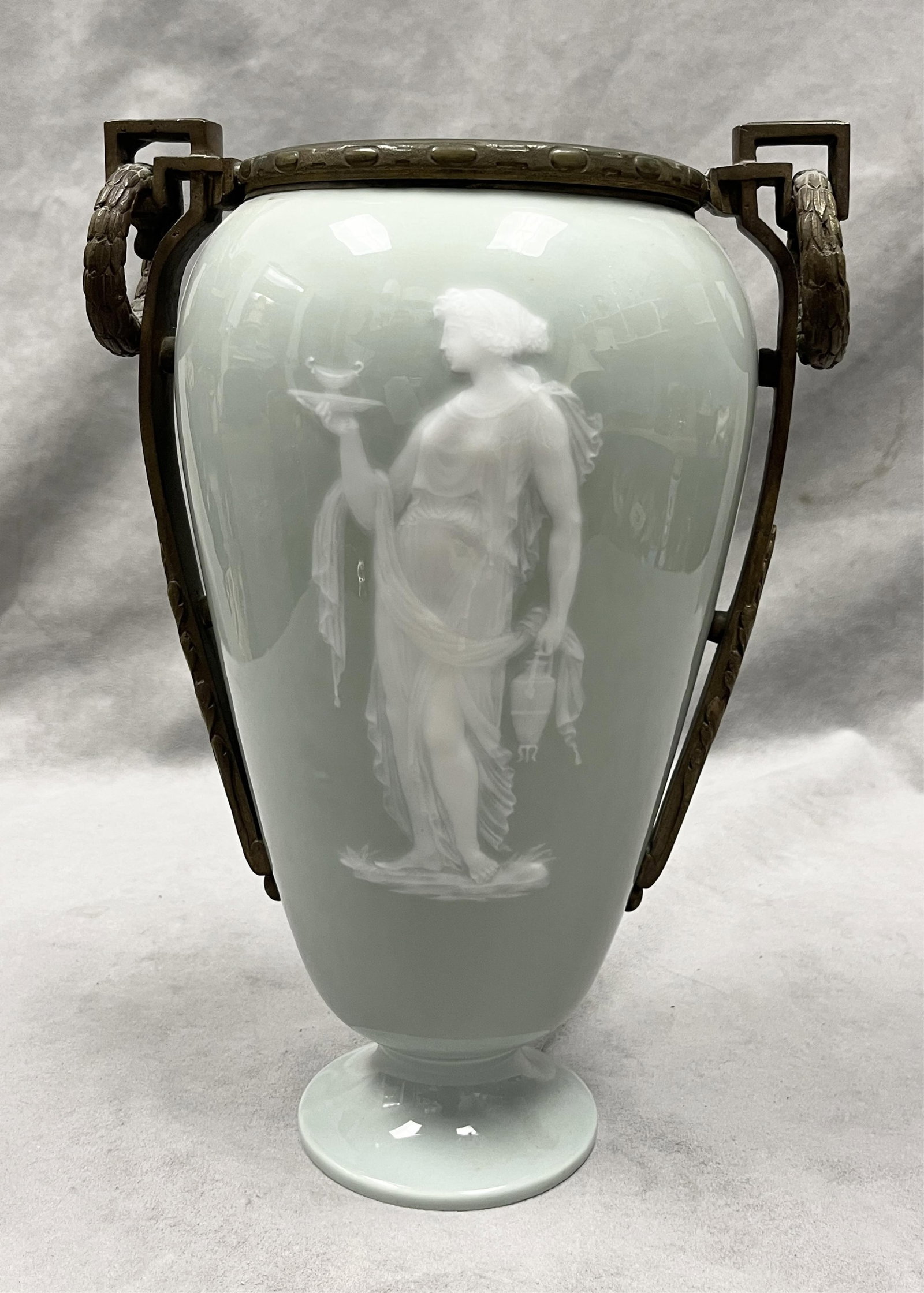 MINTON STYLE BRONZE-MOUNTED CELADON-GREEN GLAZED VASE WITH PATE-SUR- PATE DECORATION GRECIAN GODDESS (1 of 11)
