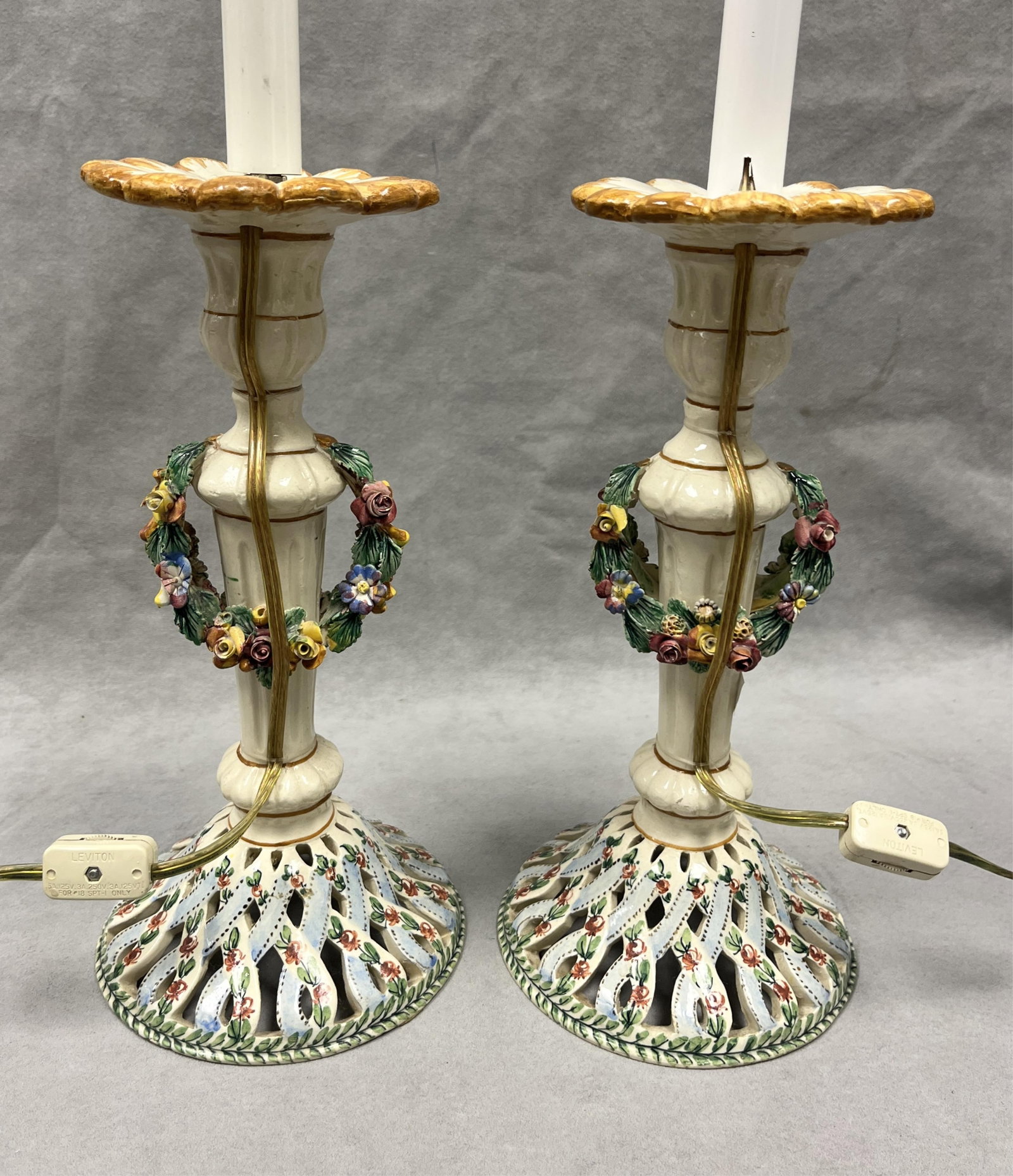 PAIR PORTUGUESE HAND-PAINTED POTTERY CANDLESTICK LAMPS WITH FLORAL GARLANDS AND TRELLIS BASES, - (1 of 9)