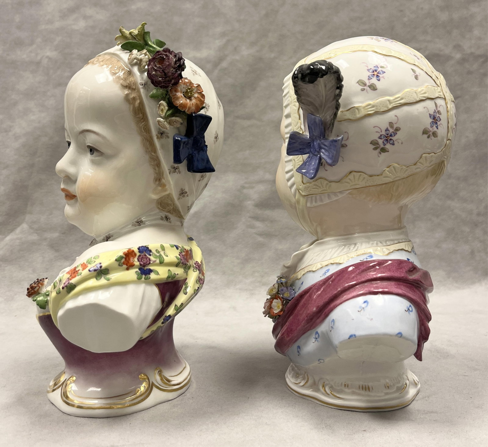 PAIR POLYCHROME MEISSEN BUSTS OF PRINCE LOUIS CHARLES DE BOURBON AND PRINCESS MARIE Z?PHIRINE DE: PAIR POLYCHROME MEISSEN BUSTS OF PRINCE LOUIS CHARLES DE BOURBON AND PRINCESS MARIE Z?PHIRINE DE BOURBON Minor damage H: 9 1/2 inches