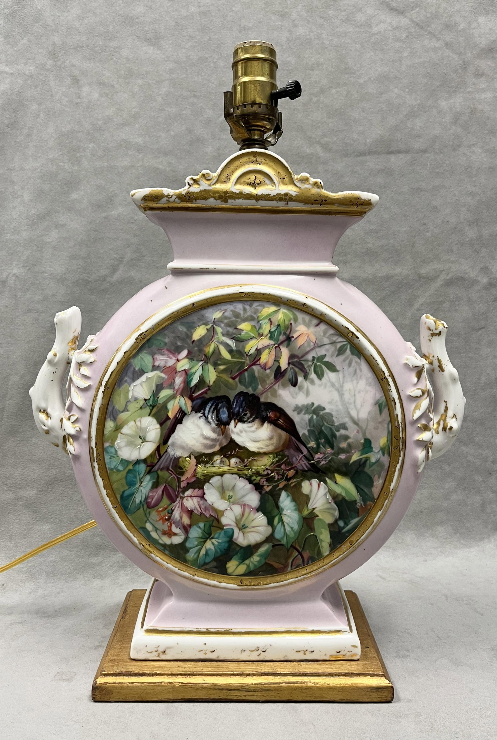 FRENCH PORCELAIN MOON FLASK VASE MOUNTED AS TABLE LAMP 19th century - Flask, H: 14 1/2 inches.. (1 of 6)