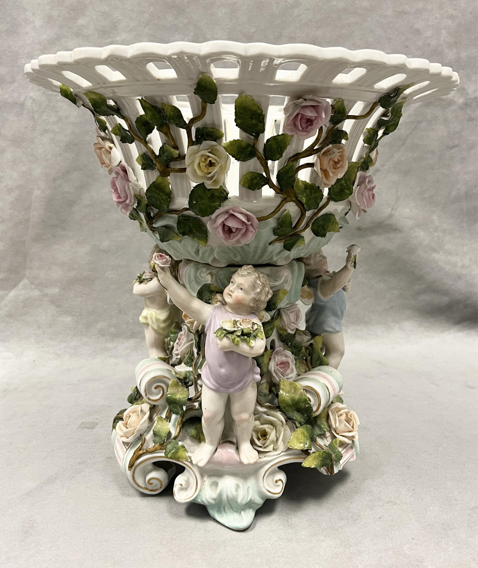 SITZENDORF POLYCHROMED FLORAL AND FIGURAL PORCELAIN COMPOTE - H: 11 3/4 inches; D: 12 inches.. (1 of 12)