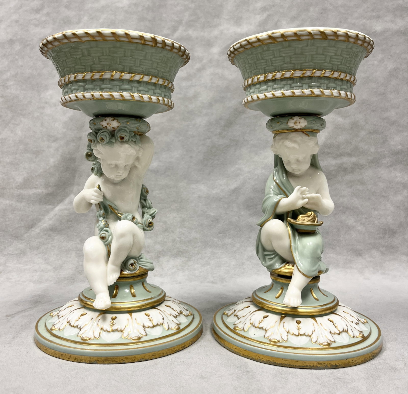 PAIR SIGNED MINTON GREEN, WHITE AND GILT PORCELAIN BONBONNIERES circa 1867 - H: 8 1/4 inches. (1 of 8)
