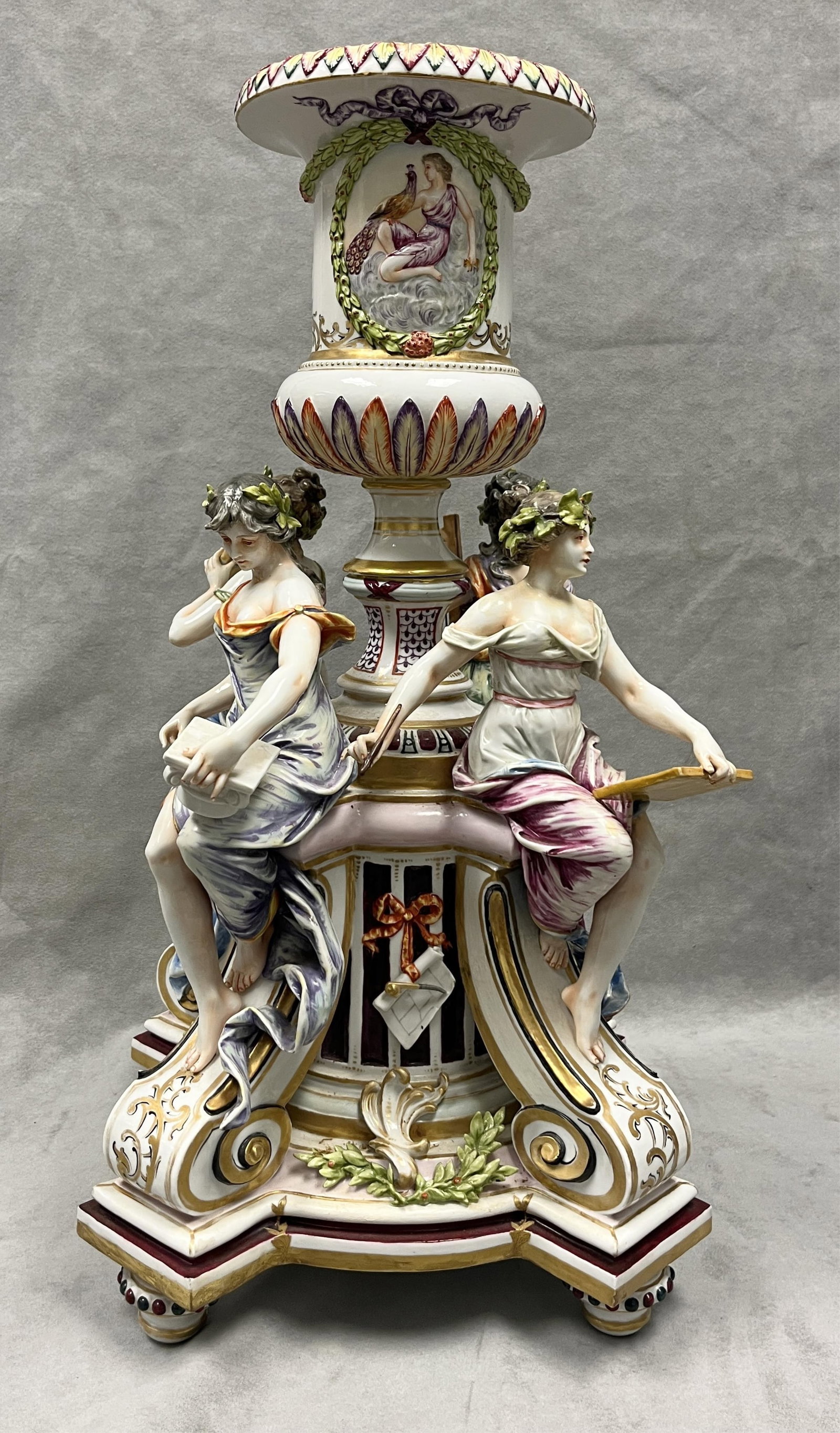 VOLKSTEDT POLYCHROMED PORCELAIN NEOCLASSICAL FIGURAL GROUP CENTERPIECE URN - H: 21 3/4 inches. (1 of 8)