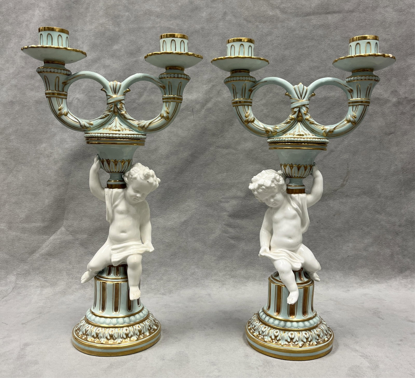 PAIR MINTONS PORCELAIN FIGURAL TWO-LIGHT CANDELABRA circa 1870 - H: 14 inches. (1 of 10)