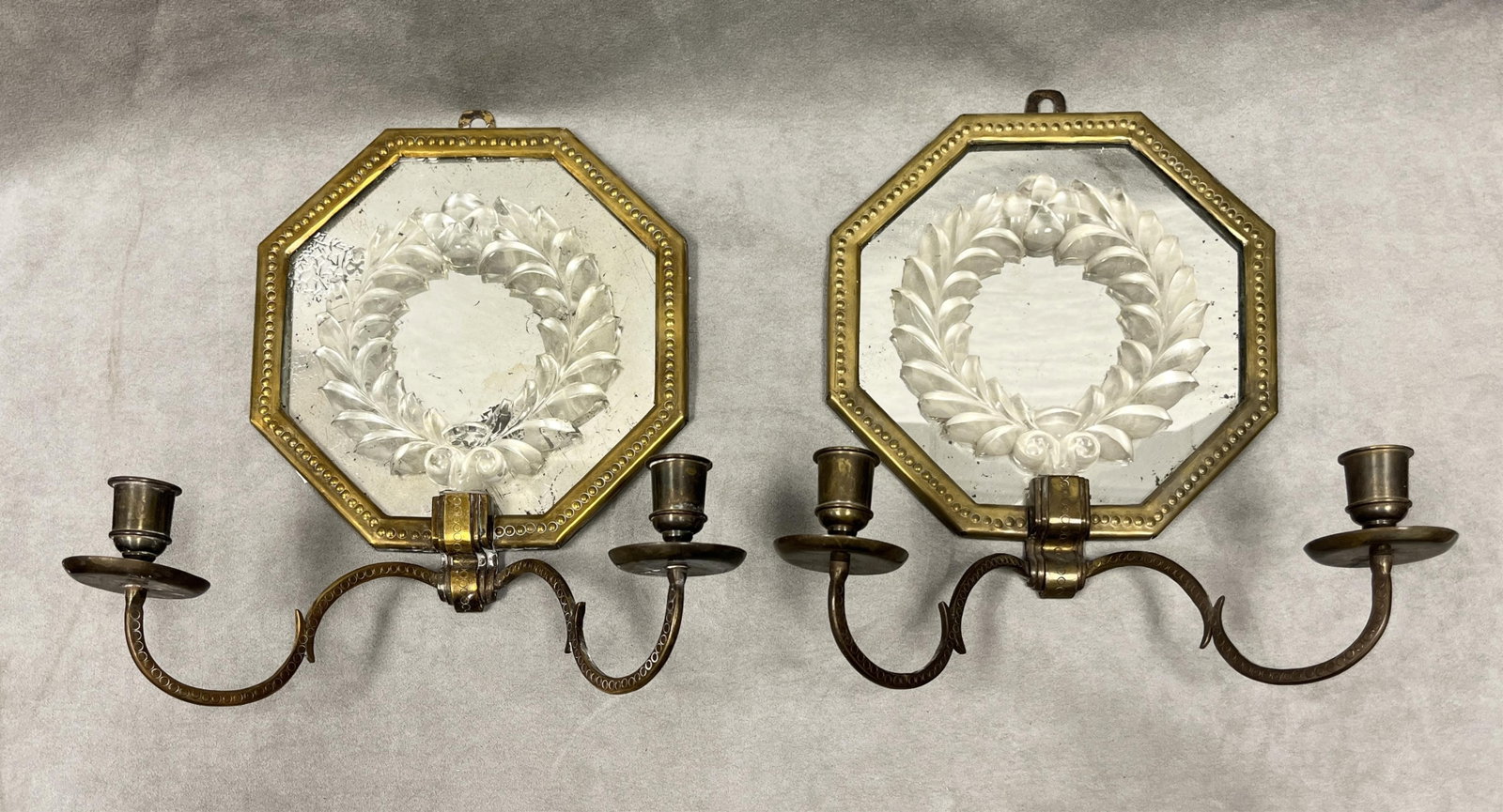 PAIR EDWARDIAN NEOCLASSICAL OCTAGONAL BRASS-FRAMED MIRROR-BACK TWO-LIGHT WALL SCONCES circa 1920s - (1 of 5)