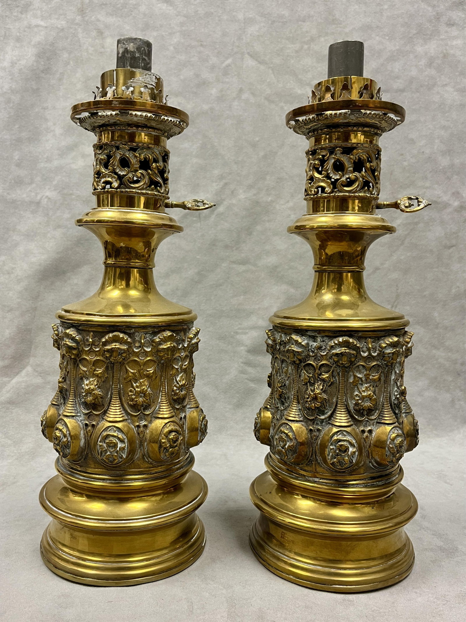 PAIR FRENCH T. BREVETTE RELIEF-CAST FLUID LAMPS WITH GLASS CYLINDRICAL HURRICANE SHADES - Bases, H: (1 of 8)