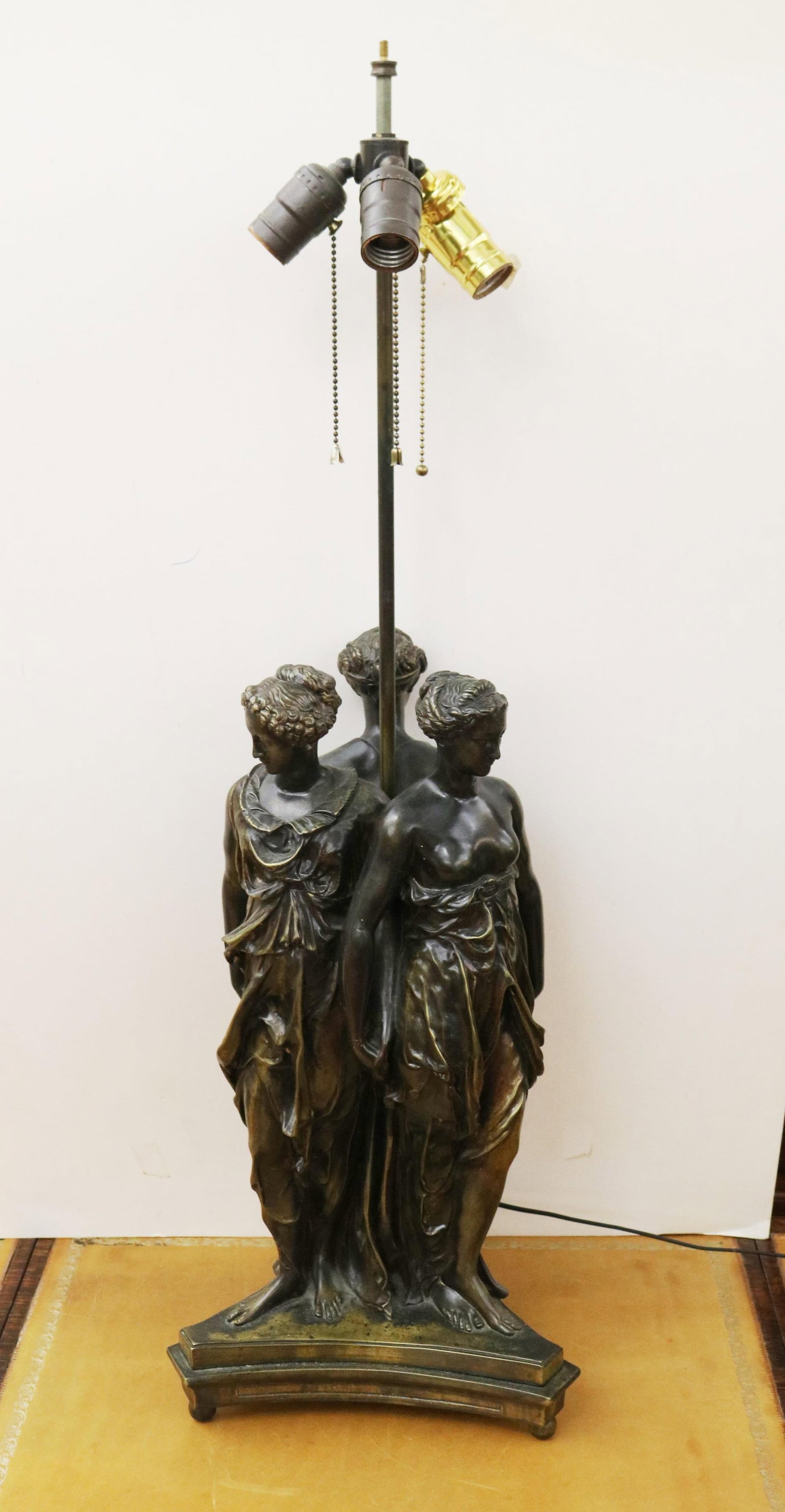 BRONZE FIGURE GROUP CAST AS THE THREE GRACES, MOUNTED AS THREE-LIGHT TABLELAMP - H: 34 in.. (1 of 12)