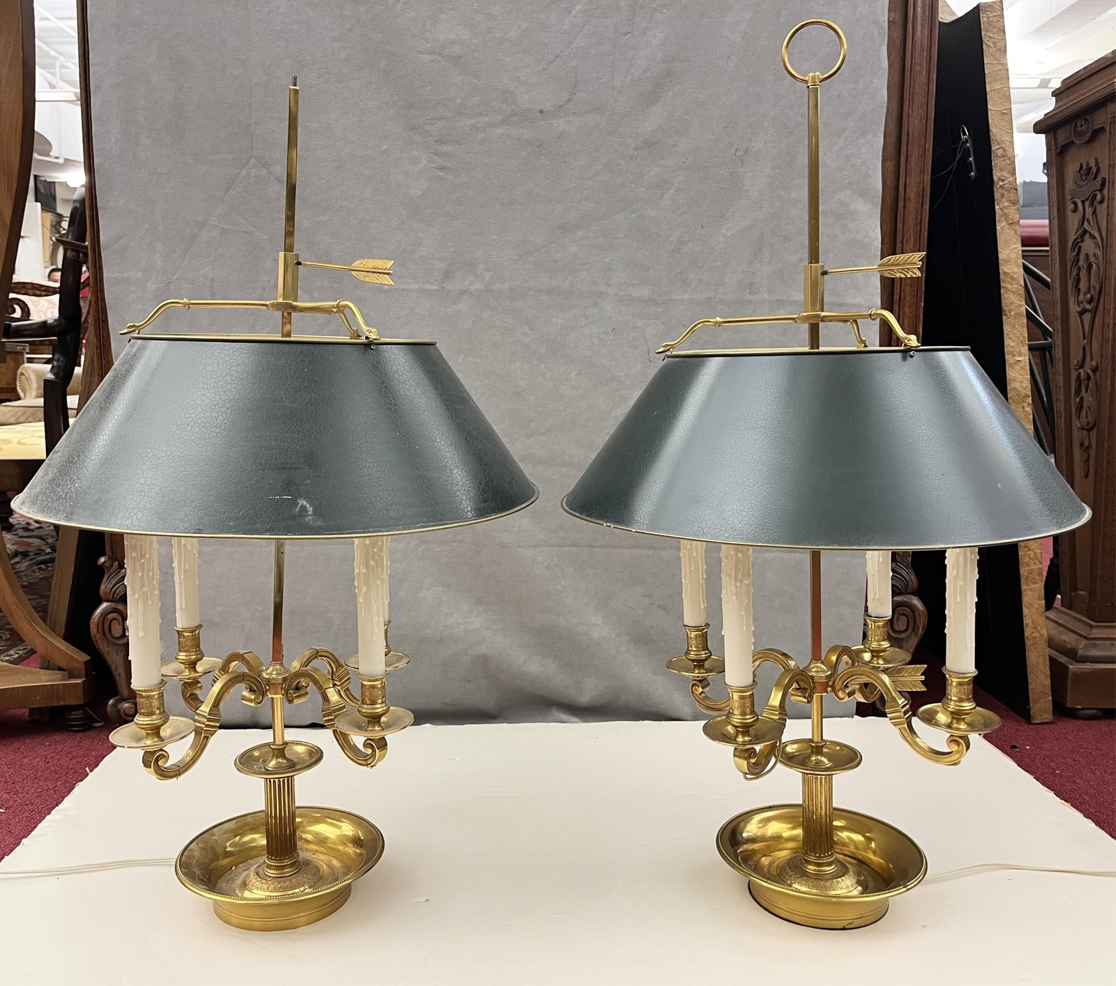 PAIR BRASS BOUILOTTE TYPE FOUR-LIGHT TABLE LAMPS WITH ADJUSTABLE GREEN TOLEWARE SHADES - H: 33 IN; (1 of 7)