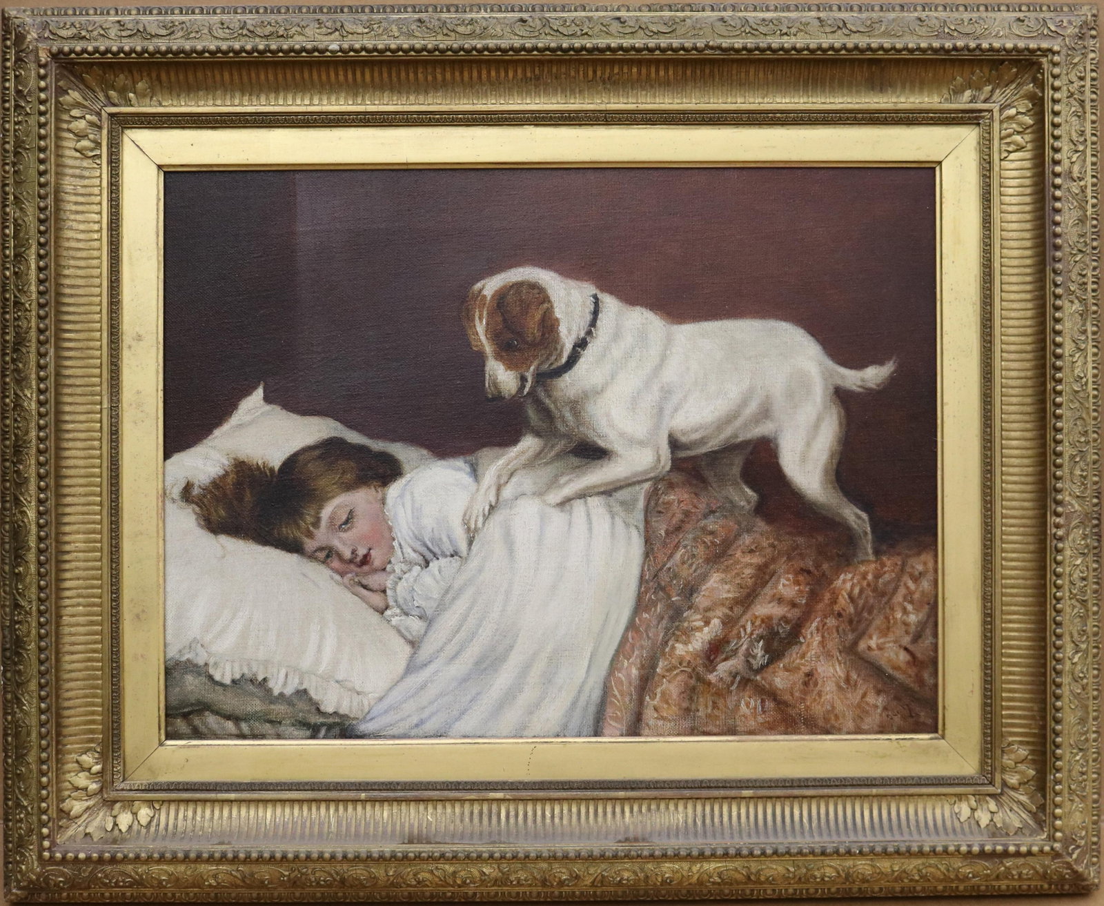 ENGLISH SCHOOL (19th century). A Sleeping Child with a Jack Russell Terrier, Oil on canvas, 14.5 x: ENGLISH SCHOOL 19th century A Sleeping Child with a Jack Russell Terrier Oil on canvas Victorian oil on canvas painting that captures a moment of domestic intimacy, depicting a young child sleeping pe