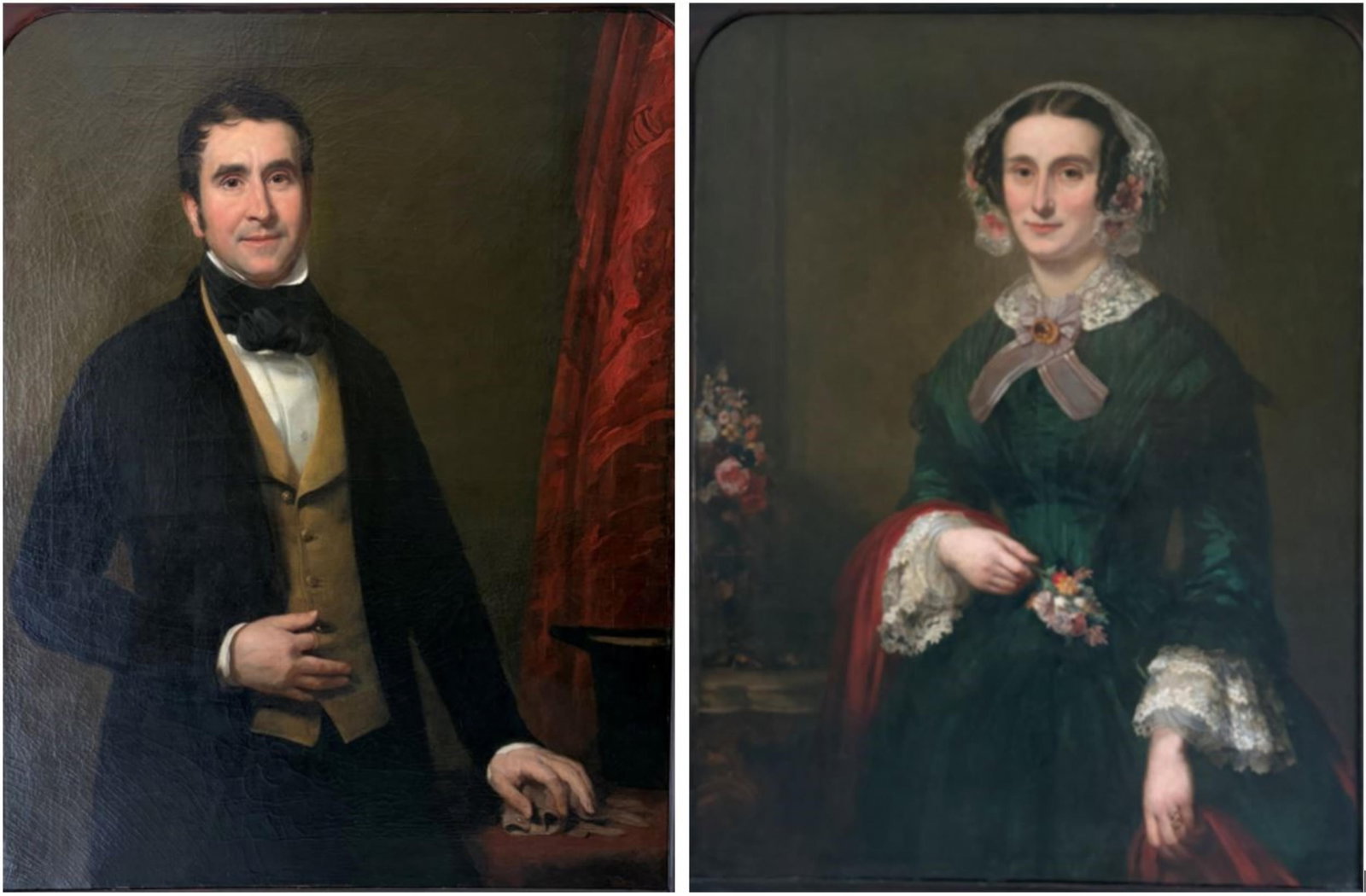 AMERICAN SCHOOL (19th century). Companion Portraits of a Lady with Floral Nosegay and a Gentleman (1 of 16)