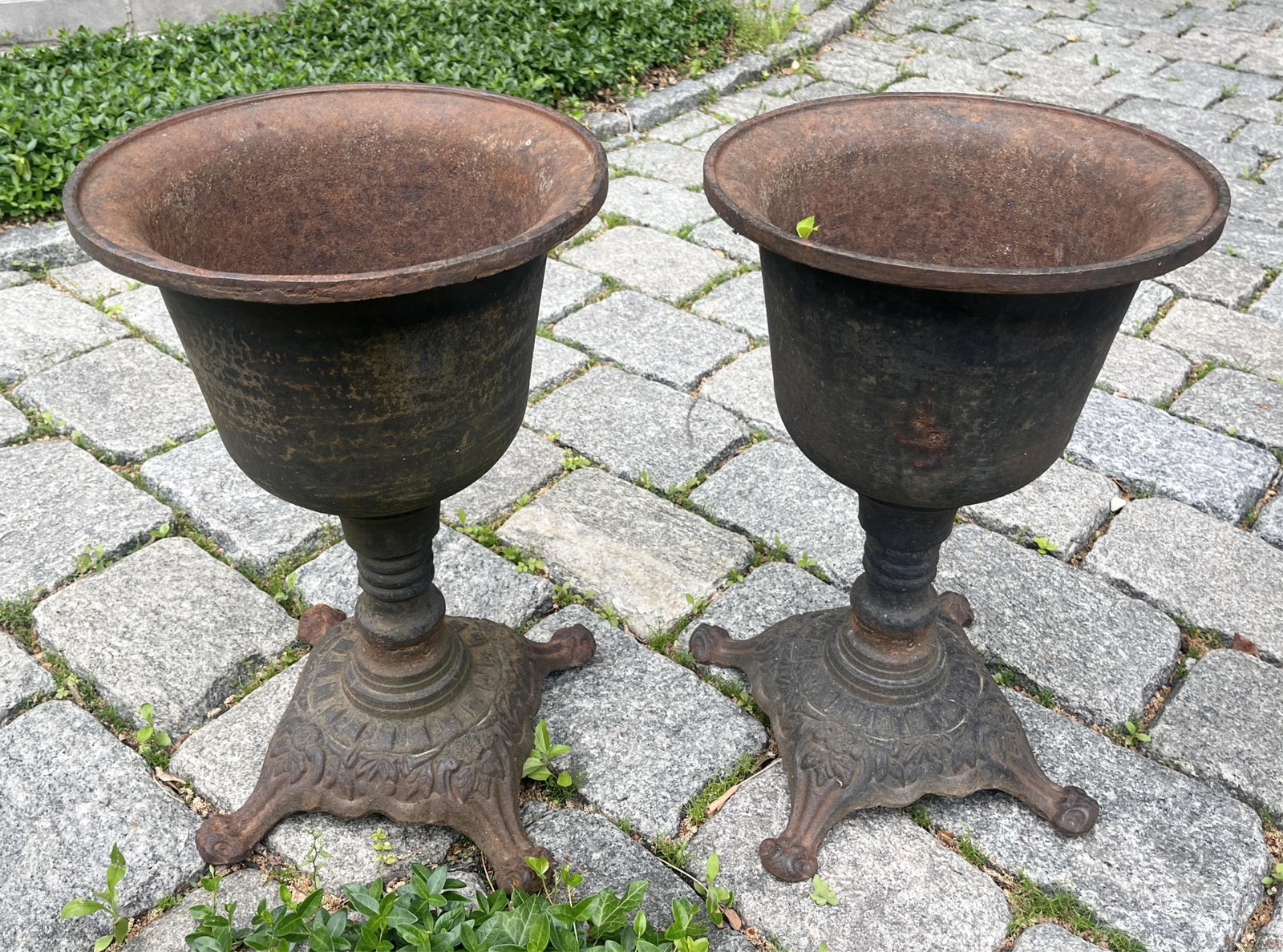 PAIR CAST IRON GARDEN URNS ON TURNED PEDESTAL SUPPORTS RAISED ON DOMED SQUARE BASES WITH FOUR CAST (1 of 4)