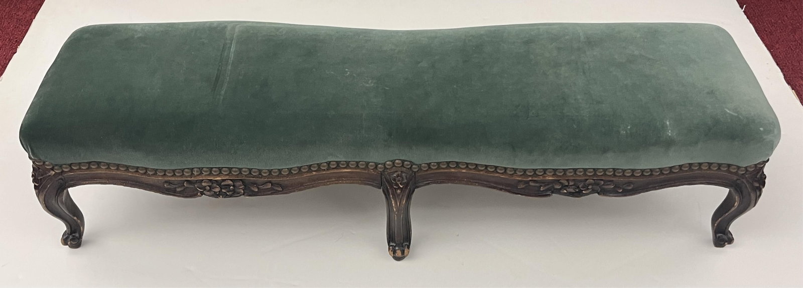 FRENCH LOUIS XV STYLE CARVED VELVET UPHOLSTERED SHAPED RECTANGULAR FOOT STOOL - H: 9 1/2 IN; W: 36 (1 of 6)