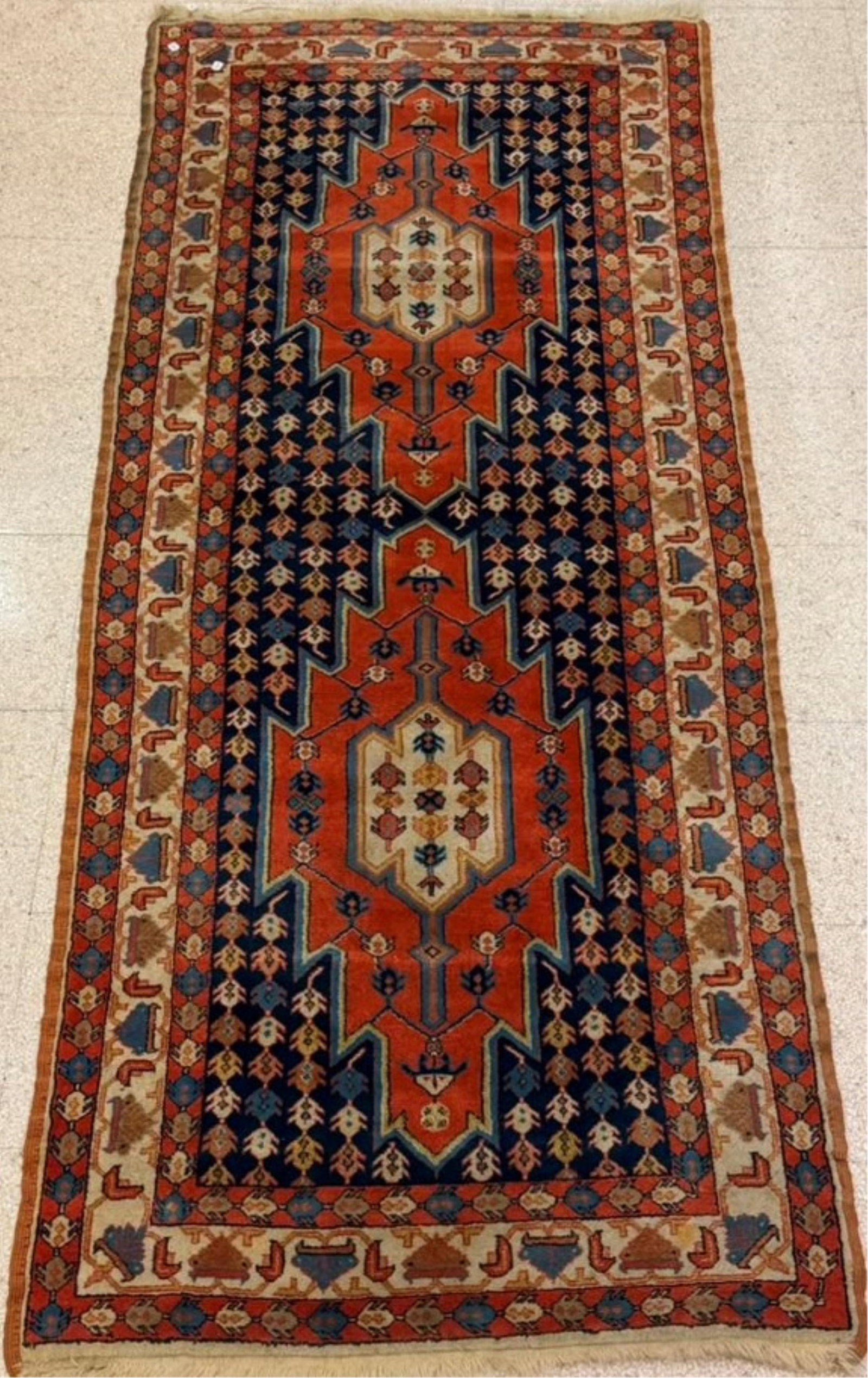 TURKISH RUNNER - App. 7 ft. 7 in. x 3 ft. 3 in..: TURKISH RUNNER Dark blue with stylized poppies App. 7 ft. 7 in. x 3 ft. 3 in.