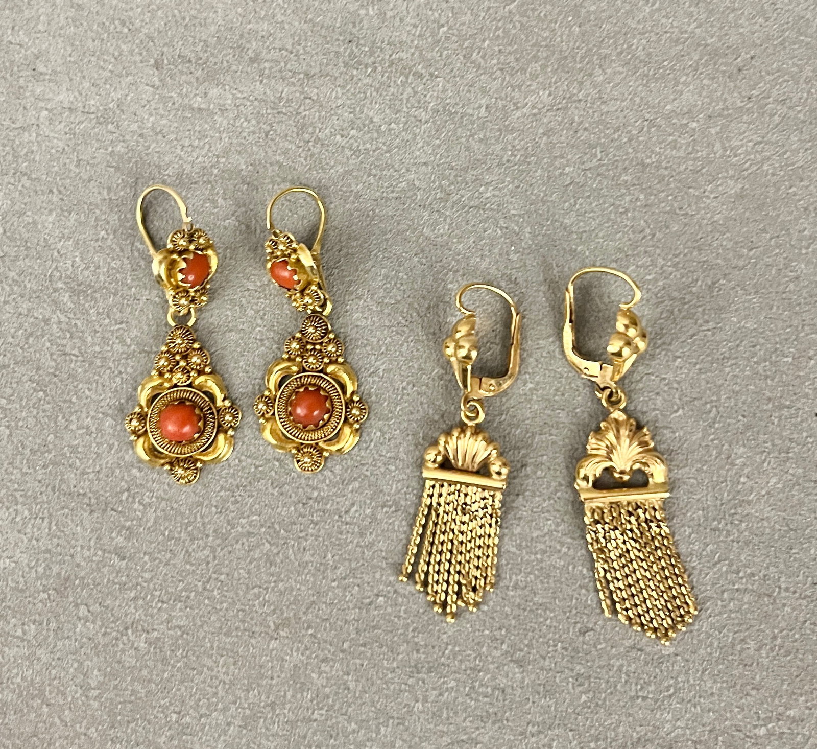 TWO PAIRS 18K YELLOW GOLD DANGLE EARRINGS One pair with four round coral cabochons in floral (1 of 1)