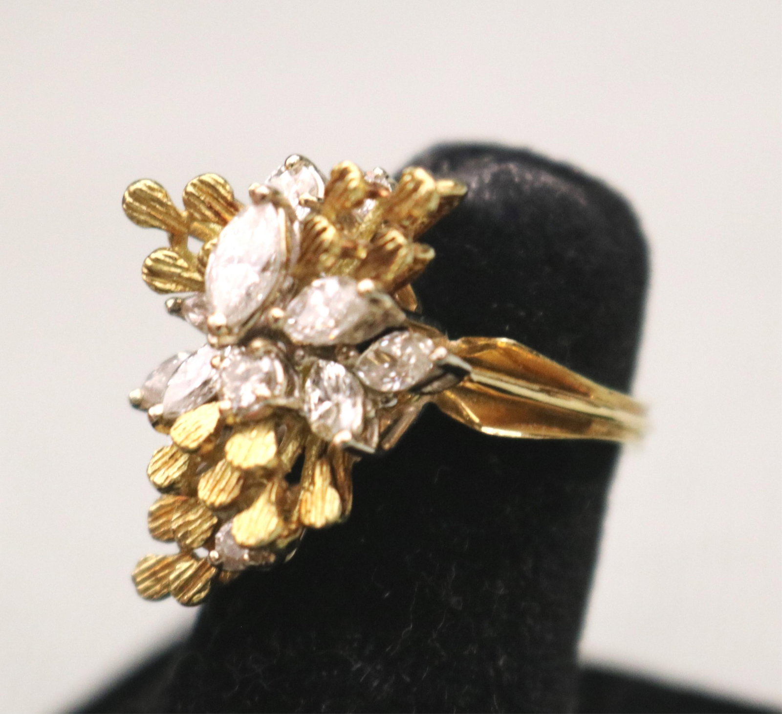 14K YELLOW AND WHITE GOLD AND DIAMOND LEAF SPRAY DESIGN RING Asymmetrical arrangement of textured (1 of 19)