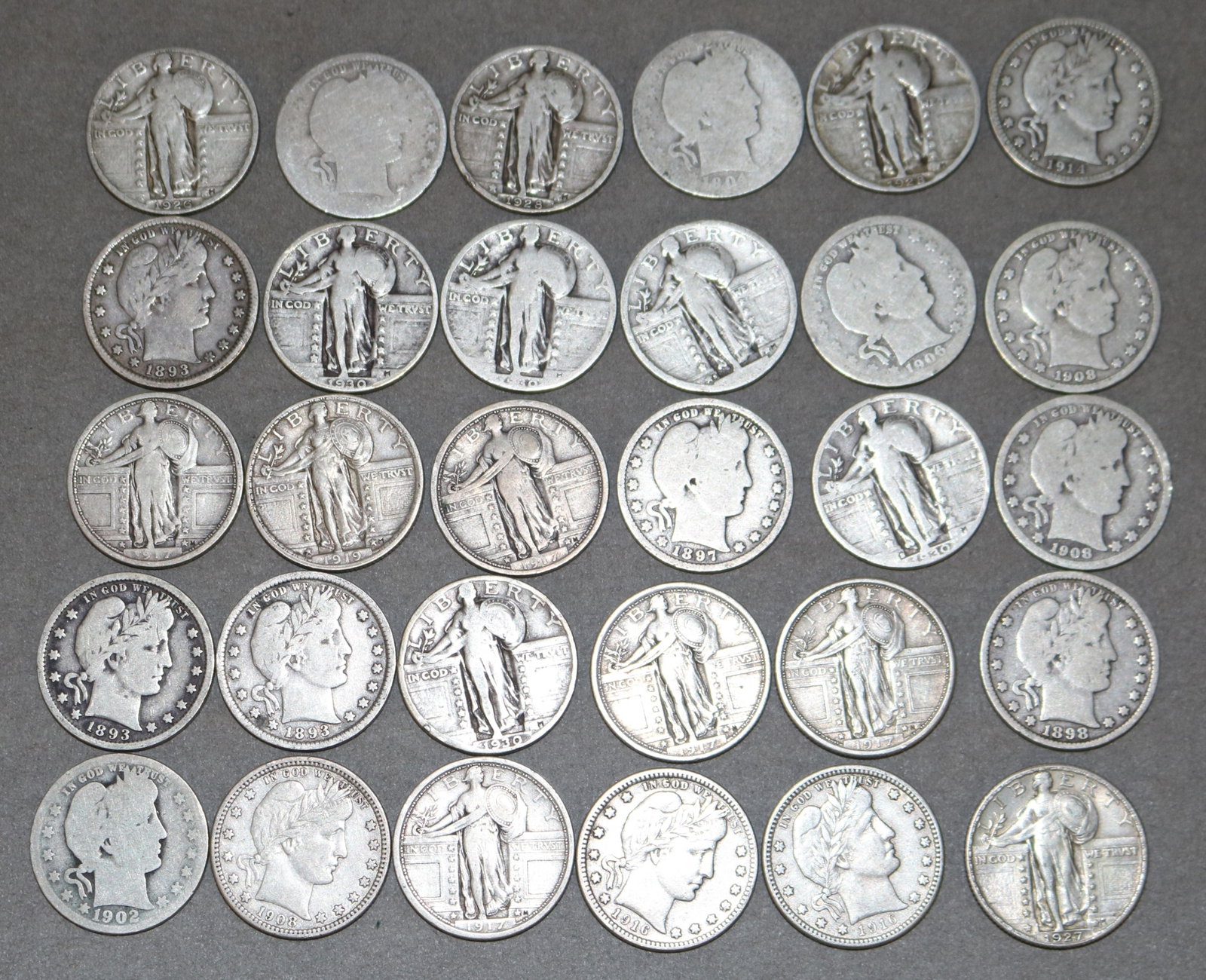 79 U.S. SILVER QUARTERS 19th and 20th century Including bust quarter, 1834, worn; seated Liberty: 79 U.S. SILVER QUARTERS 19th and 20th century Including bust quarter, 1834, worn; seated Liberty 1876-S (worn); 43 Barber, various dates, mint marks and conditions (all circulated); and 34 standing Li