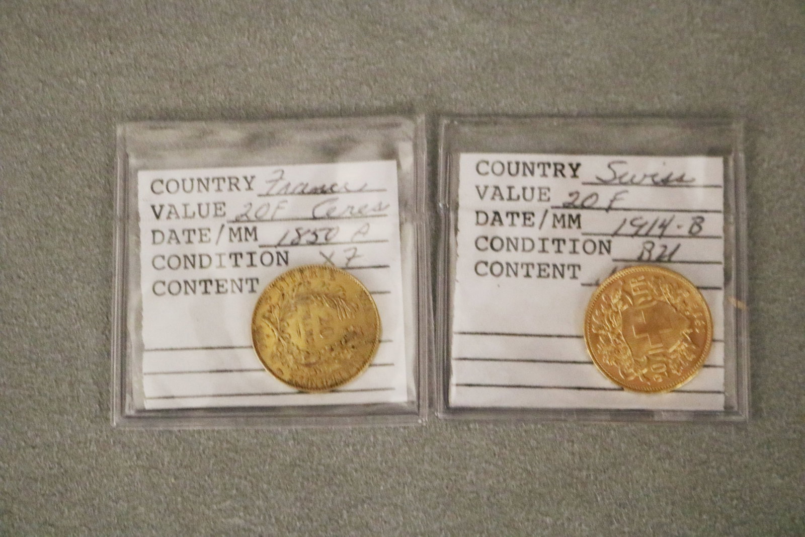 FRENCH 20-FRANCS GOLD COIN DATED 1850, AND SWISS 20-FRANCS GOLD COIN DATED 1914-B (1 of 3)