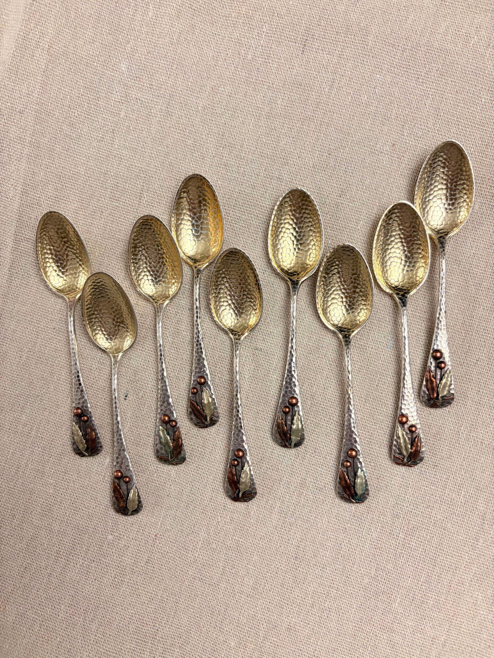 SET NINE GORHAM CO. STERLING SILVER AND MIXED METAL DEMITASSE SPOONS WITH HAND-HAMMERED SURFACE (1 of 12)