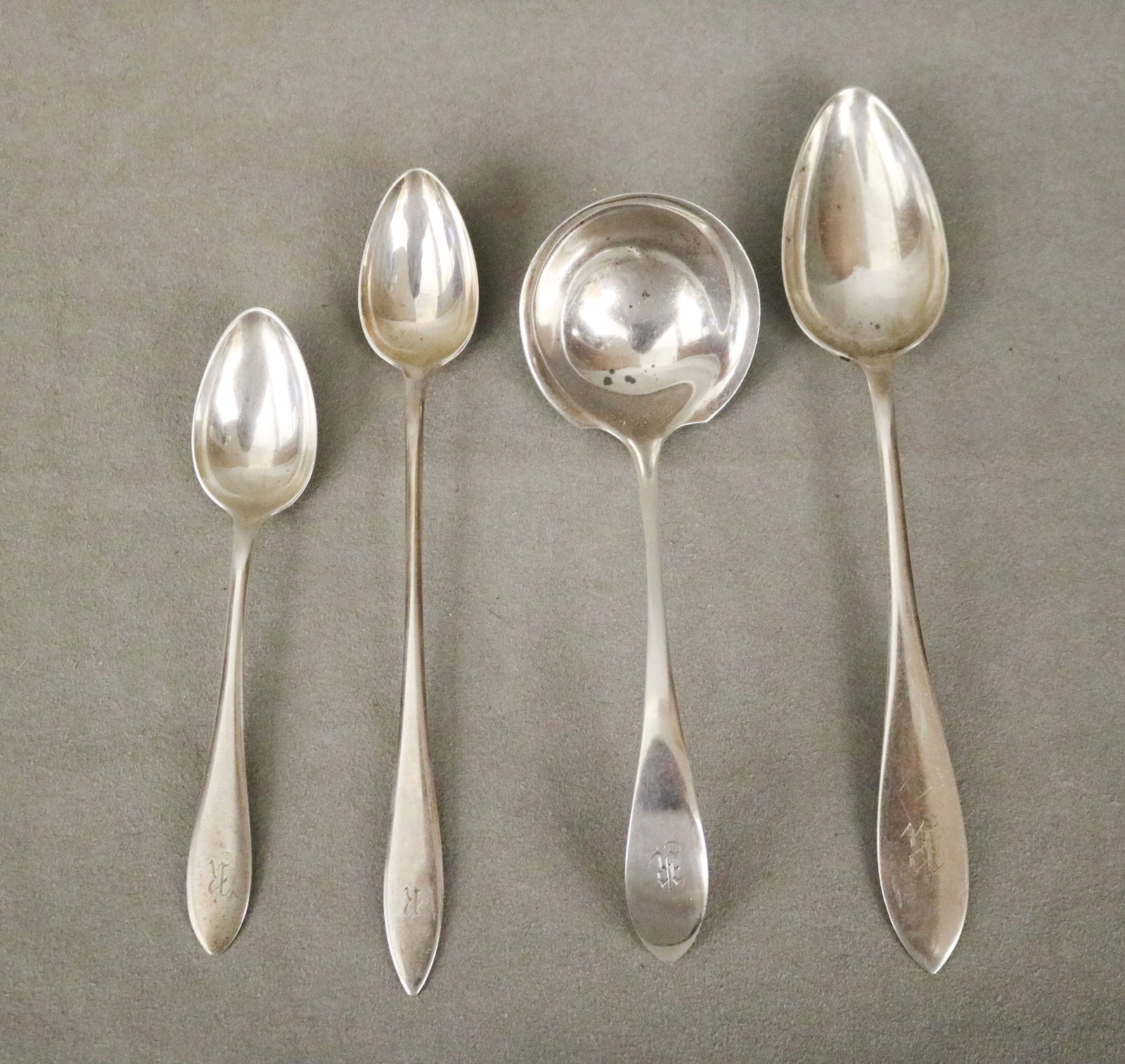 SIX PIECES AMERICAN COIN SILVER FIDDLE-BACK FLATWARE - Wt. 9 troy oz..: SIX PIECES AMERICAN COIN SILVER FIDDLE-BACK FLATWARE Including set five tablespoons made by Rockwell, and one sauce ladle made by C.B.Root Wt. 9 troy oz.
