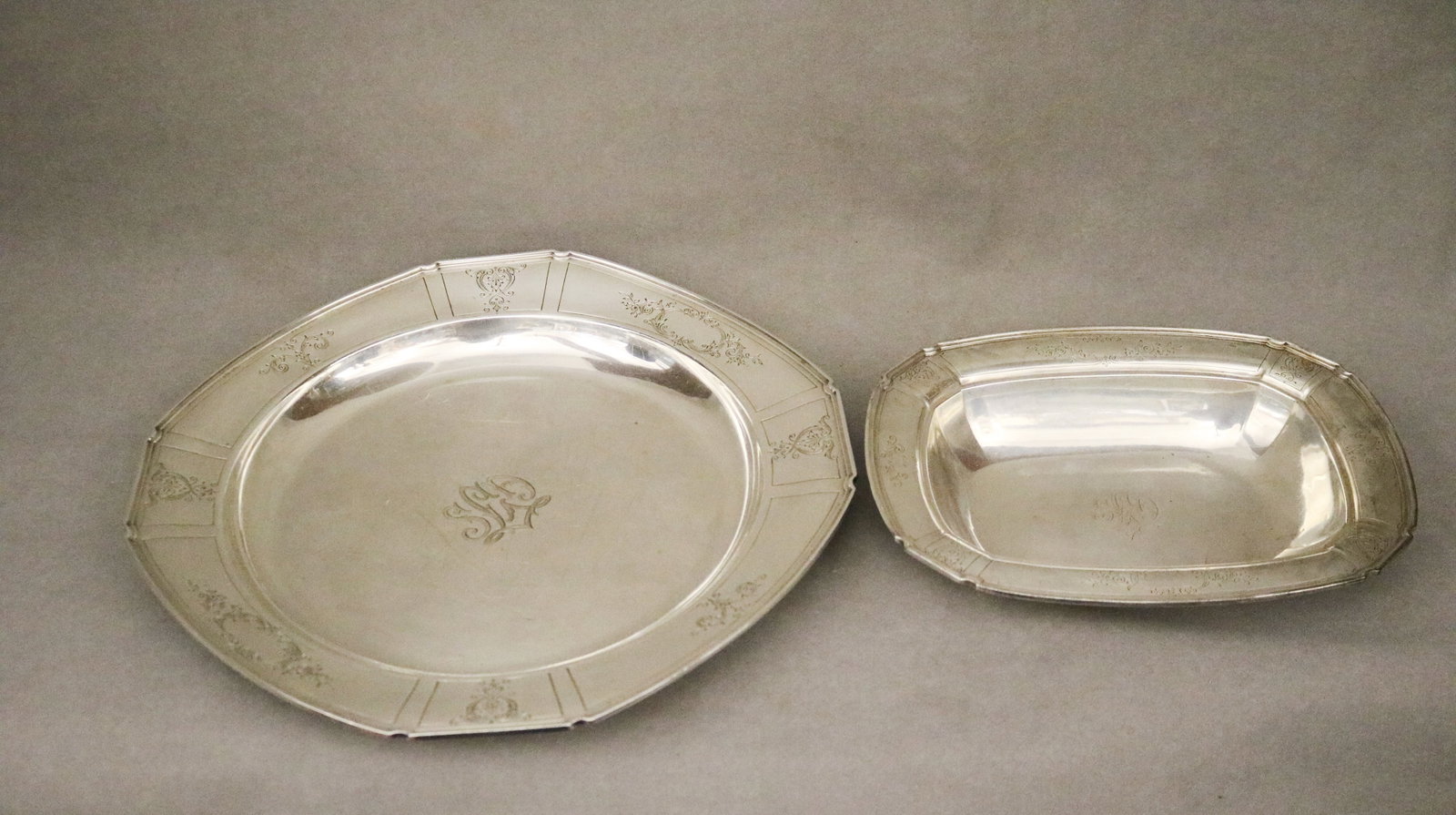REED & BARTON CO.STERLING SILVER SHAPED CIRCULAR PLATTER WITH MATCHING OPEN VEGETABLE DISH early: REED & BARTON CO.STERLING SILVER SHAPED CIRCULAR PLATTER WITH MATCHING OPEN VEGETABLE DISH early 20th century Delicate Edwardian chased decoration on paneled borders Platter,13 in. x 13 in.