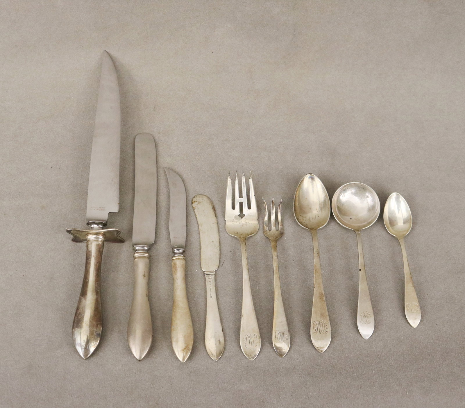 84-PIECE PARTIAL SERVICE DOMINICK & HAFF CO. "BROAD ANTIQUE" PATTERN STERLING SILVER FLATWARE. - Wt. (1 of 4)
