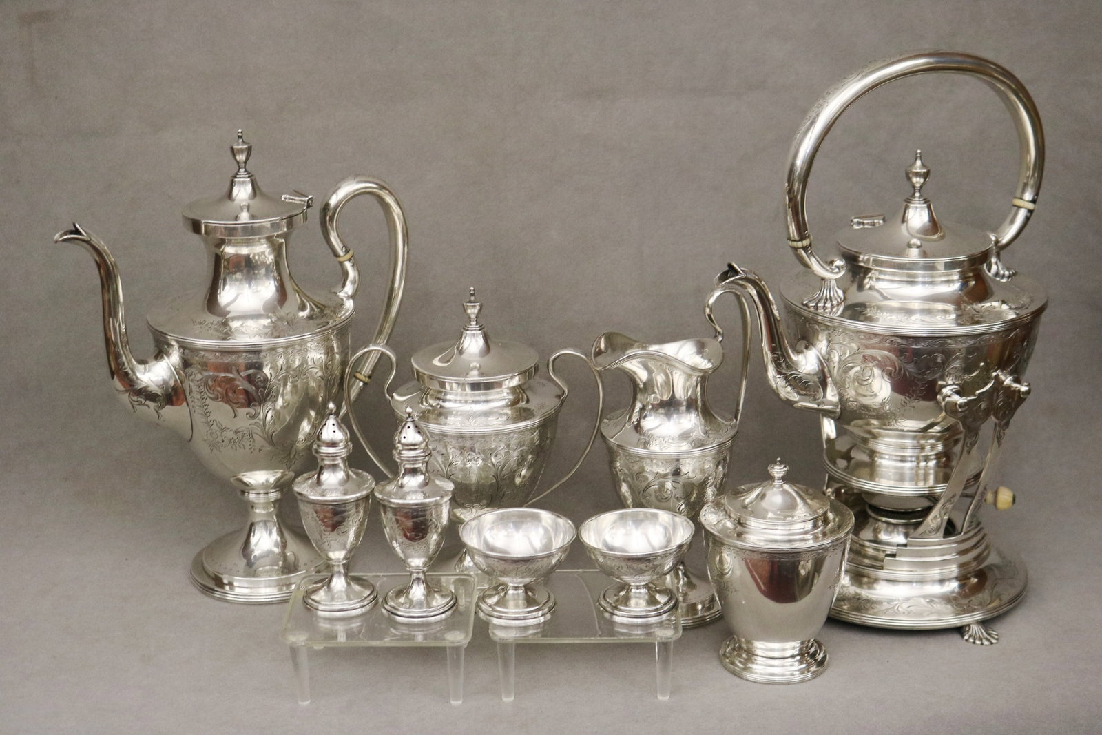 TWELVE PIECE S. KIRK & SON CO. STERLING SILVER TEA/COFFEE SERVICE WITH PAIR MATCHING FOOTED OPEN (1 of 10)