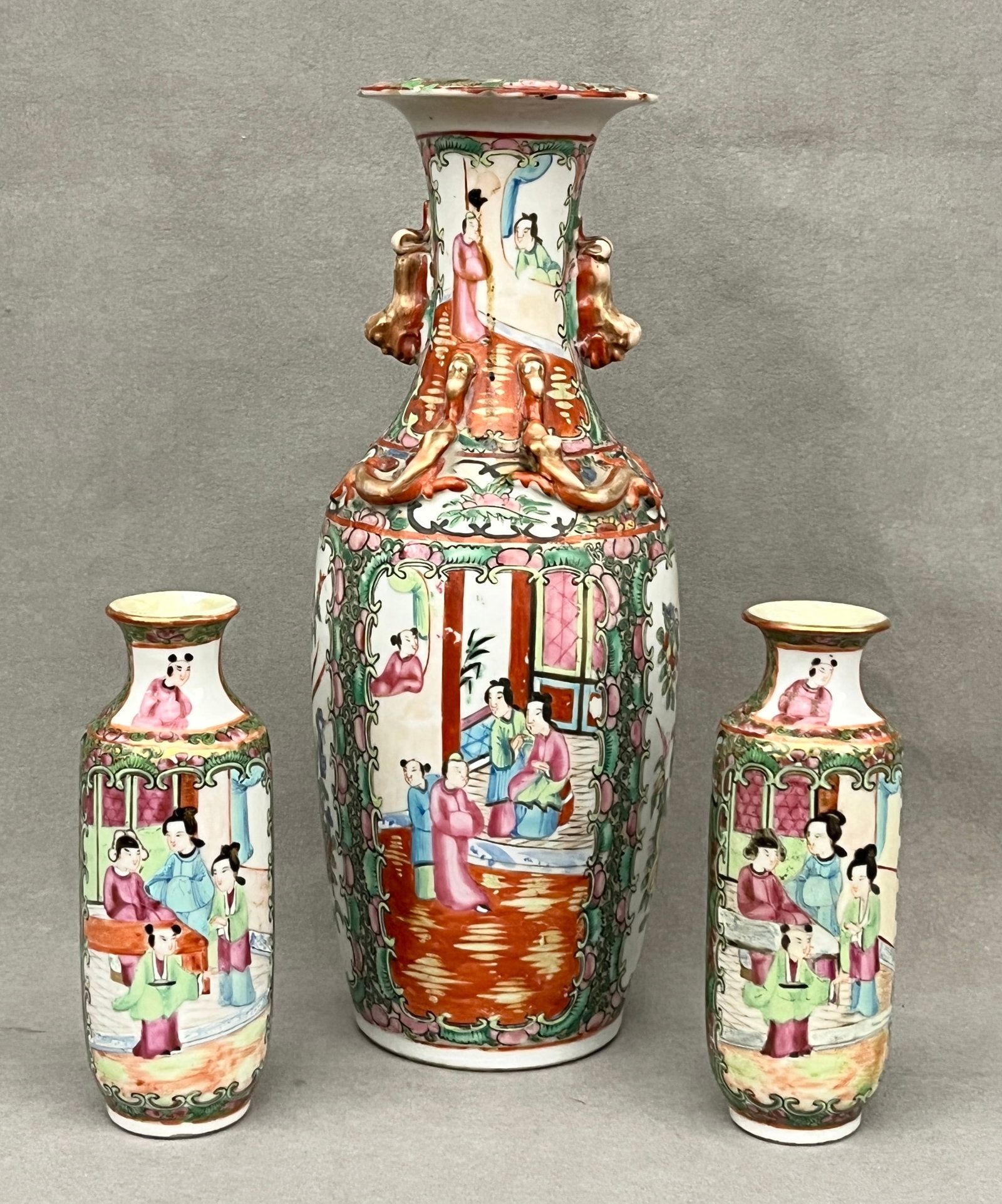 ROSE MEDALLION BALUSTER-FORM MINIATURE PORCELAIN VASE AND PAIR BOTTLE VASES (REPAIRED) - . (1 of 13)