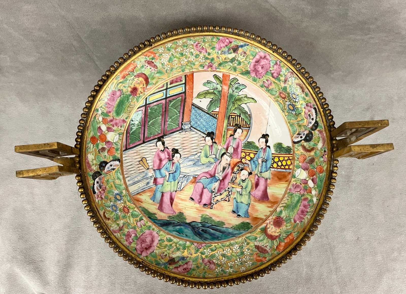 ANTIQUE CHINESE FAMILLE ROSE PORCELAIN TAZZA WITH FRENCH GILT BRONZE MOUNTS - . (1 of 15)