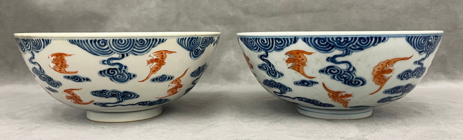 PAIR CHINESE PORCELAIN BOWLS WITH BLUE AND IRON-RED CLOUD AND BAT DECORATION - D: 7 3/4 in.. (1 of 5)