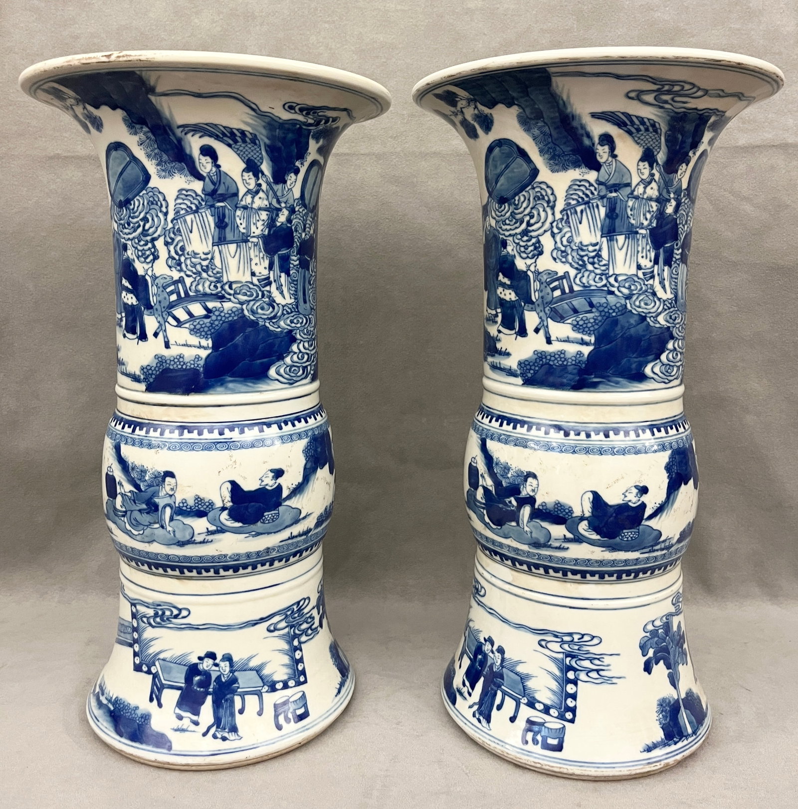 PAIR CHINESE BLUE AND WHITE GU VASES, Chinese blue and white double circle mark - H: 15 1/4 in.. (1 of 10)