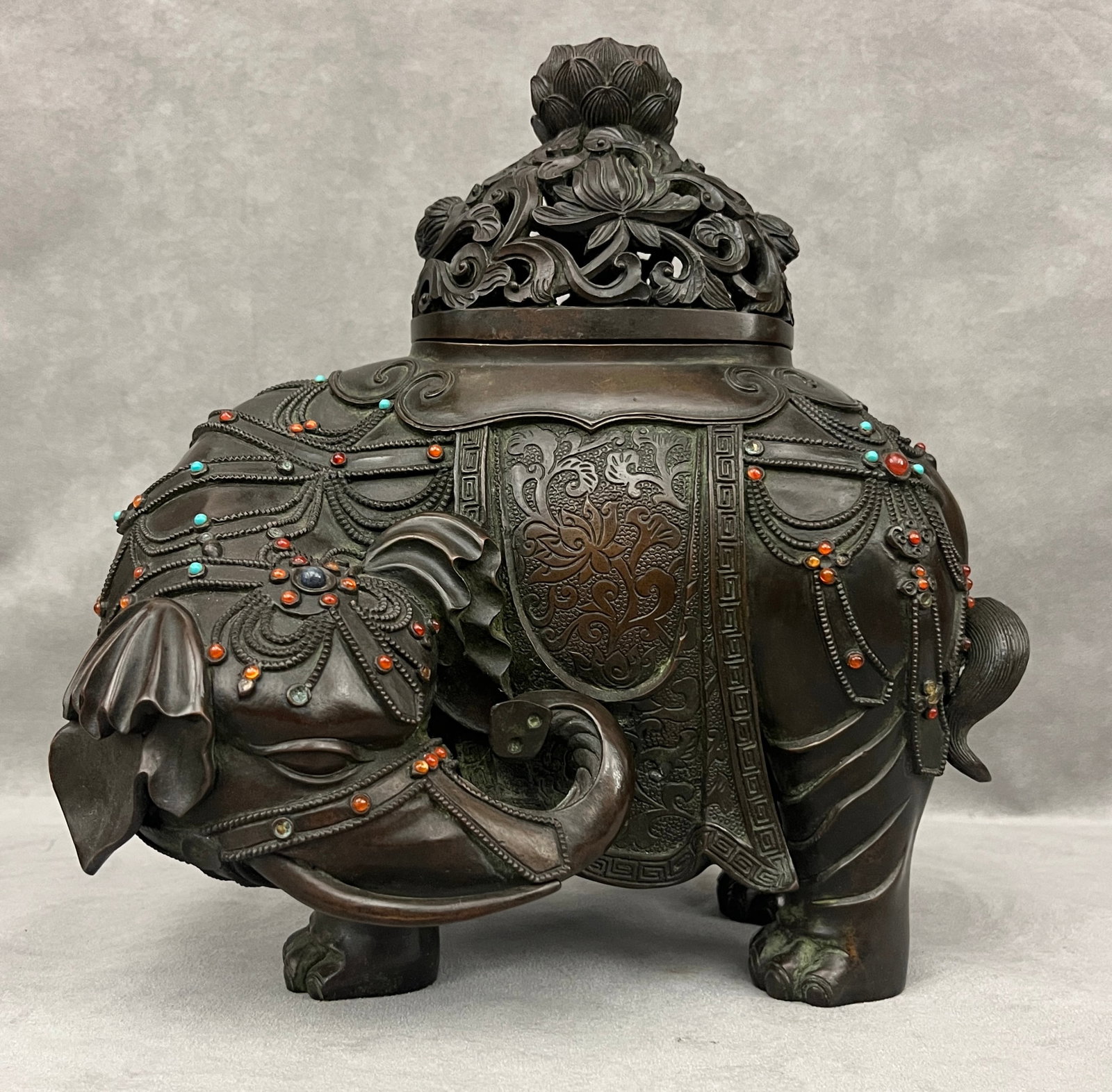CHINESE BRONZE ELEPHANT LIFT-COVER ELEPHANT INCENSE BURNER WITH GEMSTONE INLAY SYMBOLIZING PEACE AND (1 of 8)