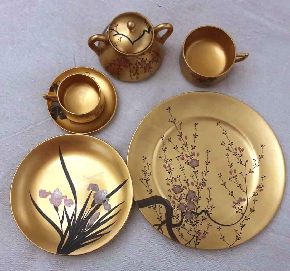 COLLECTION 56 PIECES JAPANESE LACQUERWARE INCLUDING CUPS, SAUCERS, PLATES AND SPOONS - .