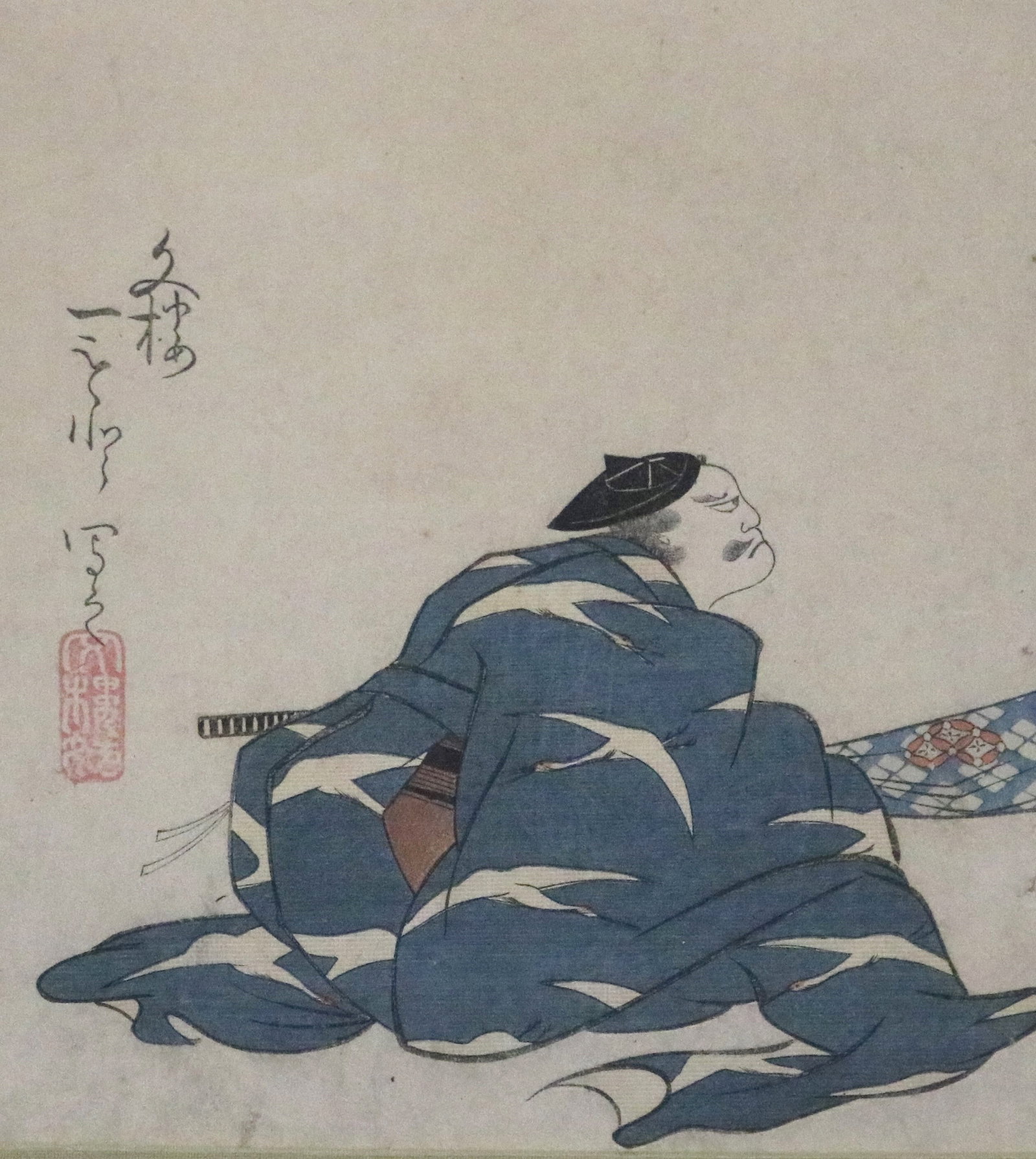 SEATED KABUKI ACTOR IN CRANE-PATTERNED ROBE Woodblock print, Edo period - . (1 of 2)
