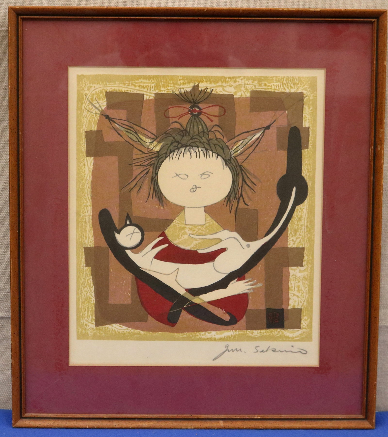 JUNICHIRO SEKINO (Japanese, 1914?1988). Cat with Girl, woodblock print, 12 x 10 inches; frame: 17 x (1 of 8)