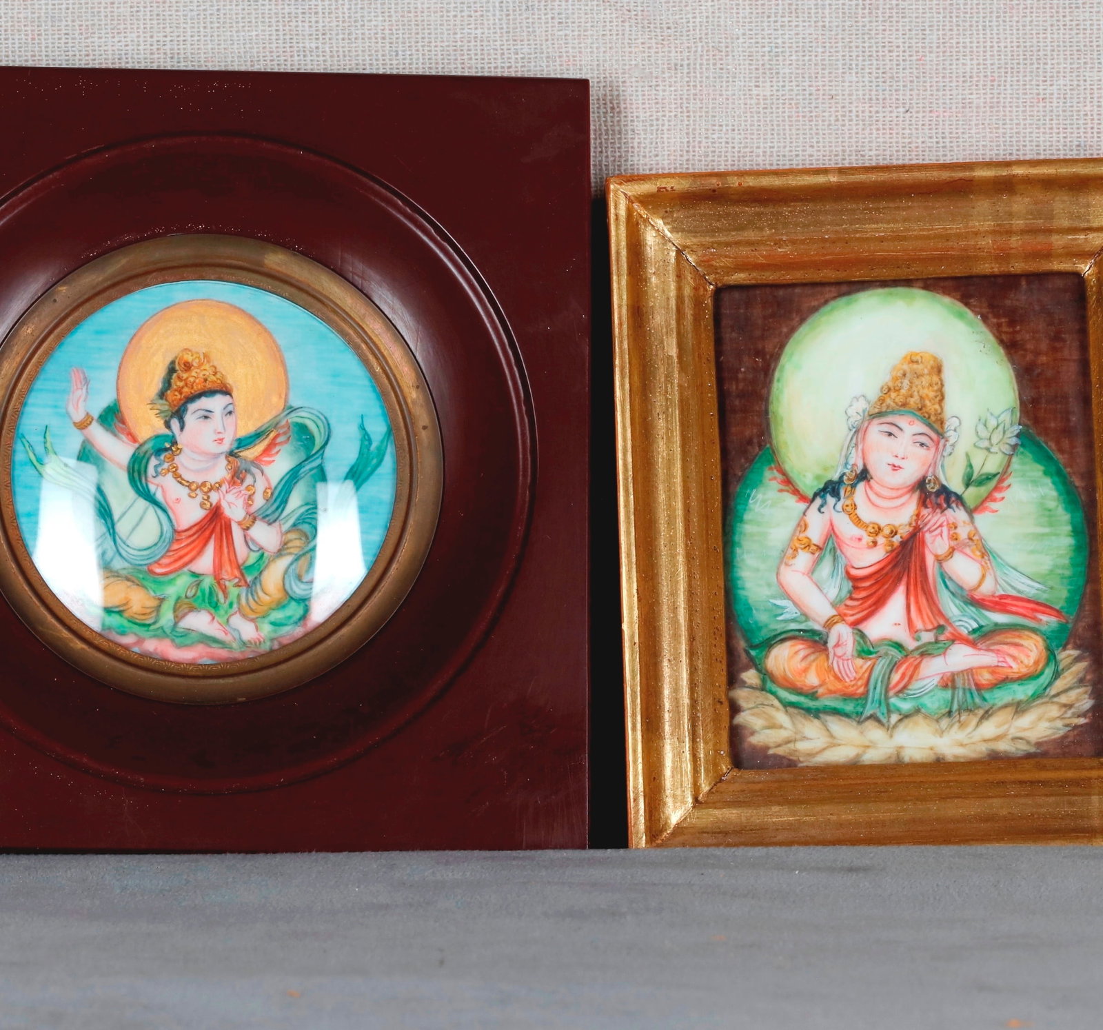 TWO HIMALAYAN (NEPALESE/TIBETAN-STYLE) MINIATURE PAINTINGS OF A SEATED BODHISATTVA - . (1 of 2)