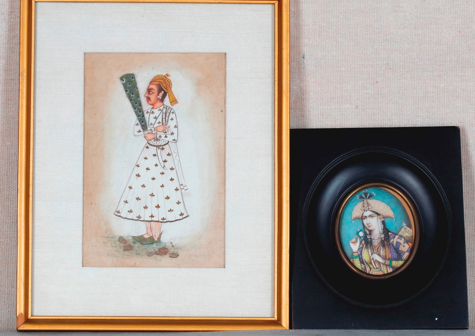TWO INDO-PERSIAN MINIATURE PORTRAITS: A COURT LADY AND AN ATTENDANT WITH A PEACOCK-FEATHER FAN - . (1 of 2)