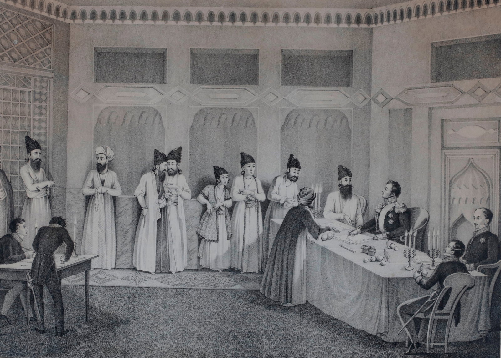 THE SIGNING OF THE TREATY OF TURKMENCHAY 1830s - 14 x 18 inches; frame: 20 x 24 inches.: THE SIGNING OF THE TREATY OF TURKMENCHAY 1830s 19th-century historical lithograph depicts the signing of the Treaty of Turkmenchay on February 10, 1828, which concluded the Russo-Persian War. Based on
