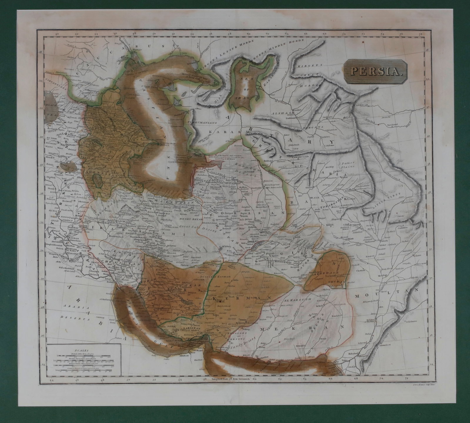 "PERSIA" HAND-COLORED MAP BY JOHN THOMSON circa 1817 - 19.5 x 21.5 inches; frame: 25 x 29 inches. (1 of 2)
