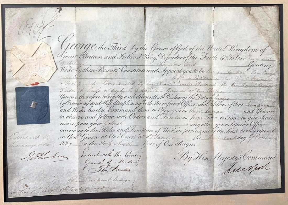 KING GEORGE III MILITARY COMMISSION: ENSIGN'S APPOINTMENT TO THE 1ST REGIMENT OF FOOT GUARDS, SIGNED (1 of 1)